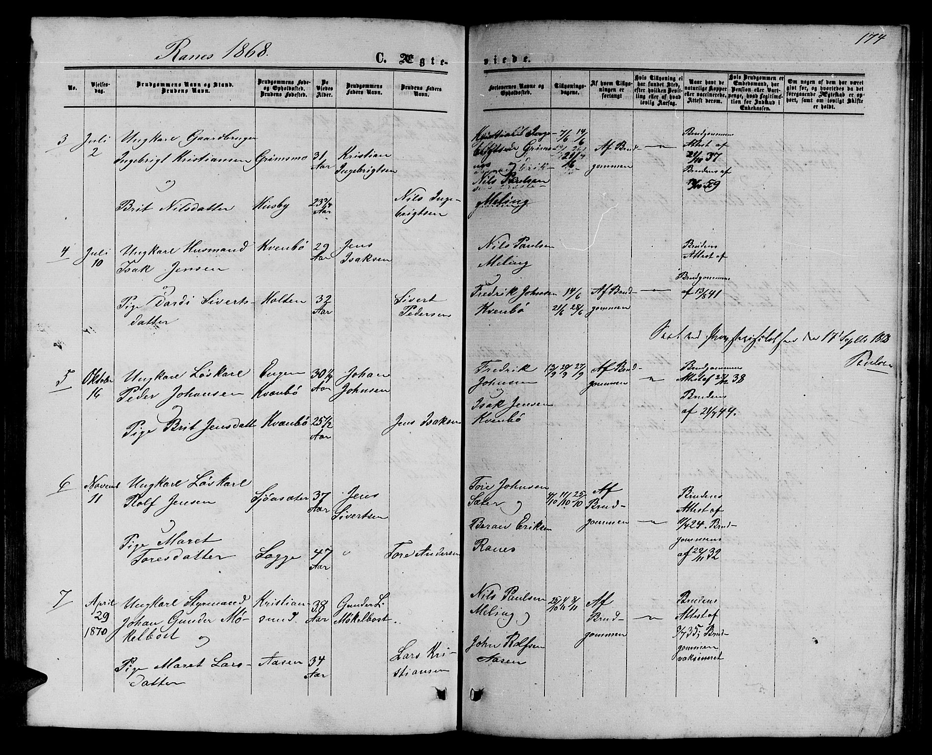 Ministerialprotokoller, klokkerbøker og fødselsregistre - Møre og Romsdal, AV/SAT-A-1454/595/L1051: Parish register (copy) no. 595C03, 1866-1891, p. 174