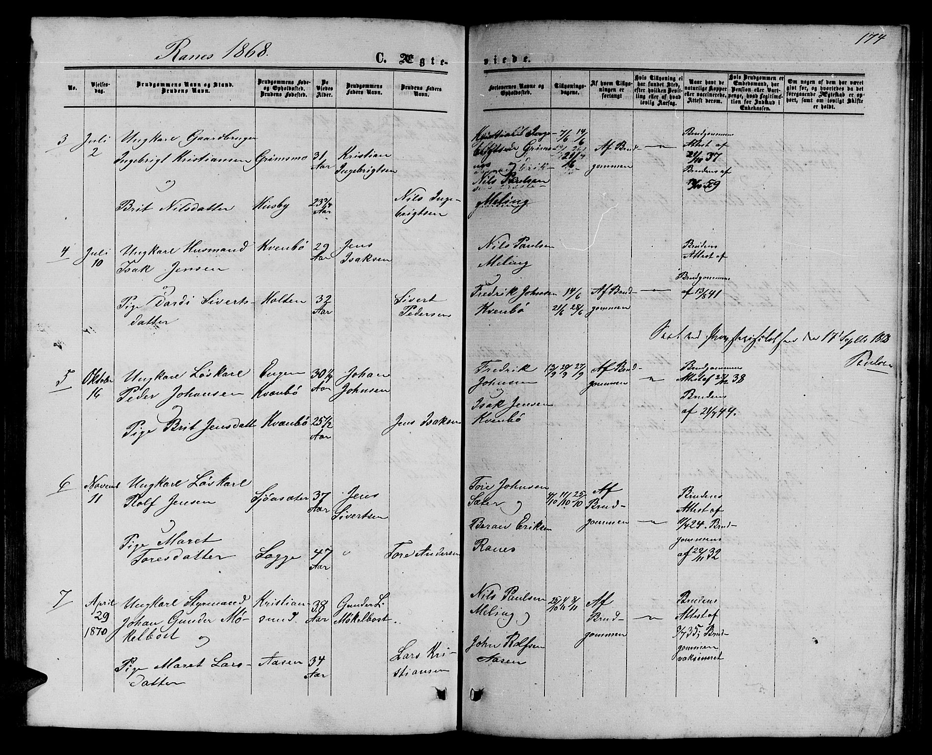 Ministerialprotokoller, klokkerbøker og fødselsregistre - Møre og Romsdal, SAT/A-1454/595/L1051: Parish register (copy) no. 595C03, 1866-1891, p. 174