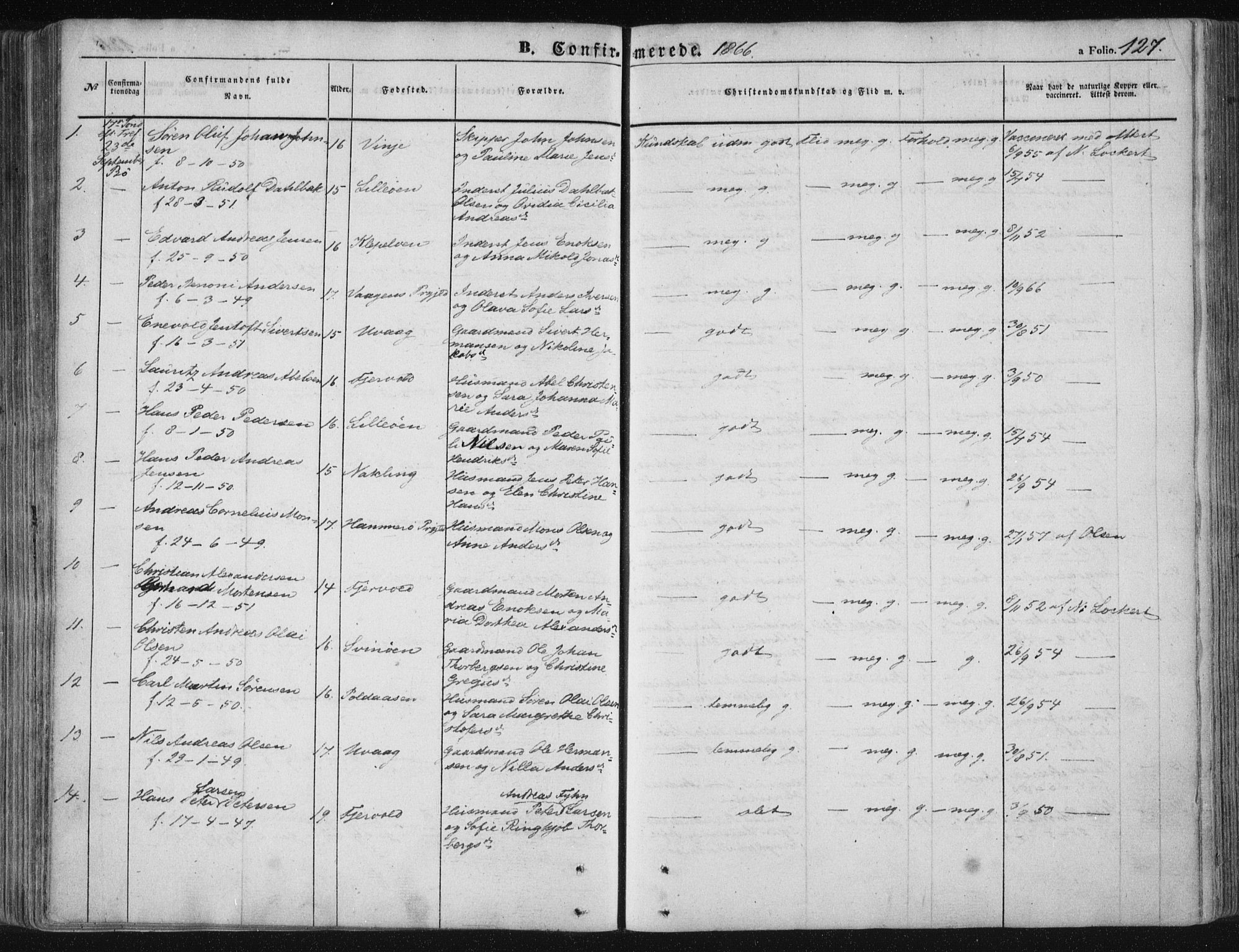 Ministerialprotokoller, klokkerbøker og fødselsregistre - Nordland, SAT/A-1459/891/L1300: Parish register (official) no. 891A05, 1856-1870, p. 127