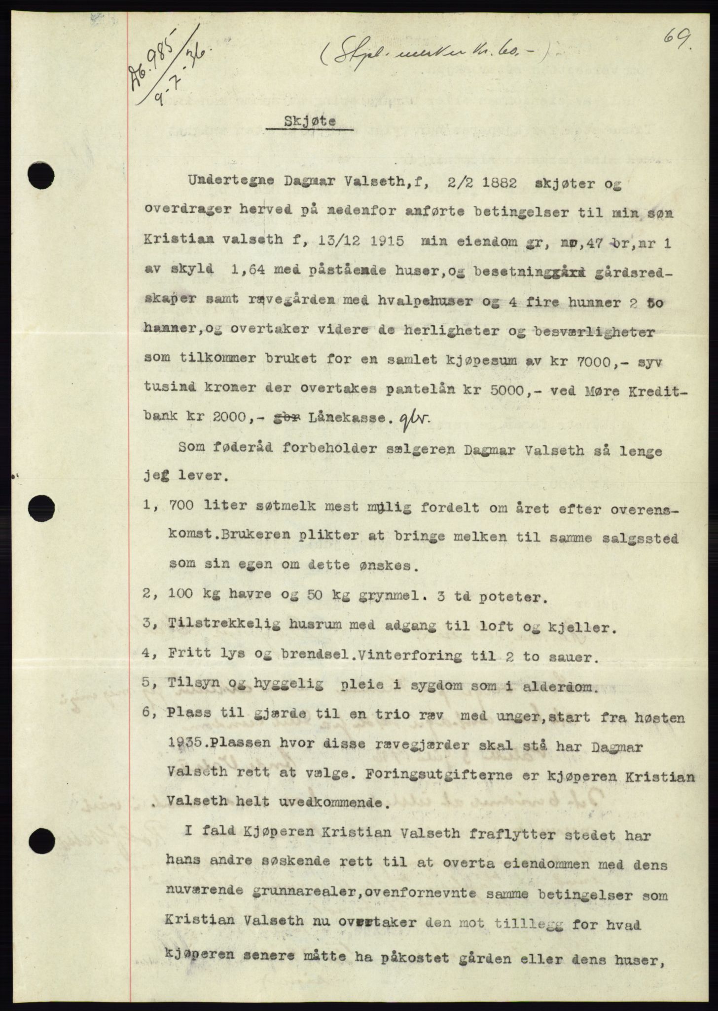 Søre Sunnmøre sorenskriveri, AV/SAT-A-4122/1/2/2C/L0061: Mortgage book no. 55, 1936-1936, Diary no: : 985/1936