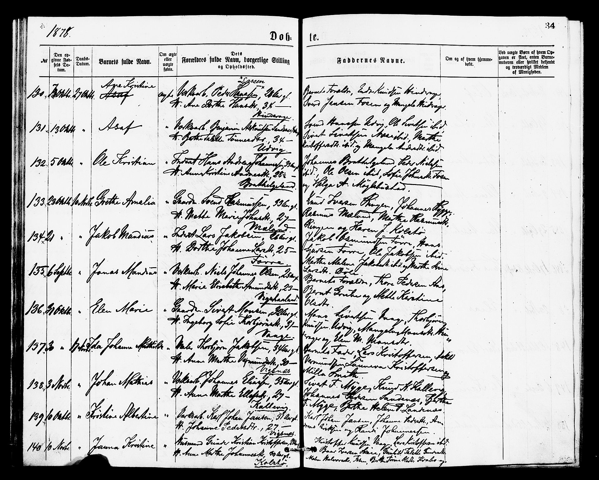 Avaldsnes sokneprestkontor, AV/SAST-A -101851/H/Ha/Haa/L0013: Parish register (official) no. A 13, 1876-1879, p. 34