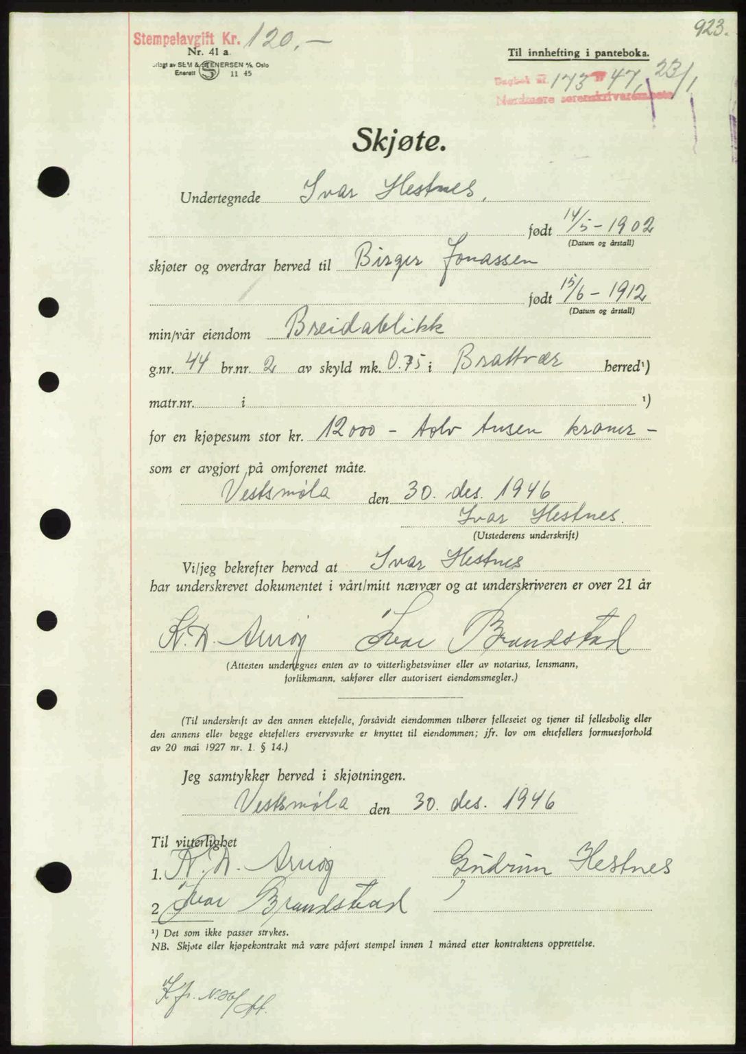 Nordmøre sorenskriveri, AV/SAT-A-4132/1/2/2Ca: Mortgage book no. A103, 1946-1947, Diary no: : 173/1947