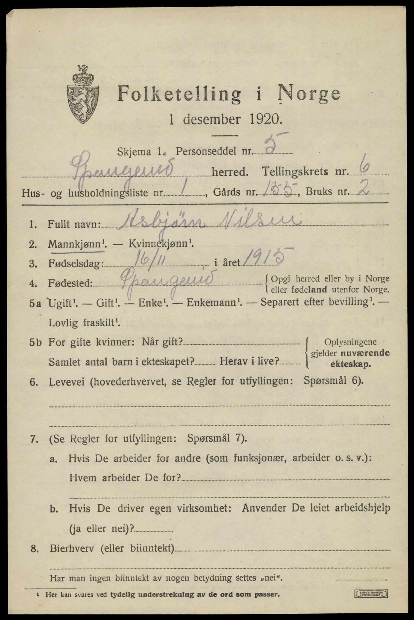 SAK, 1920 census for Spangereid, 1920, p. 2213