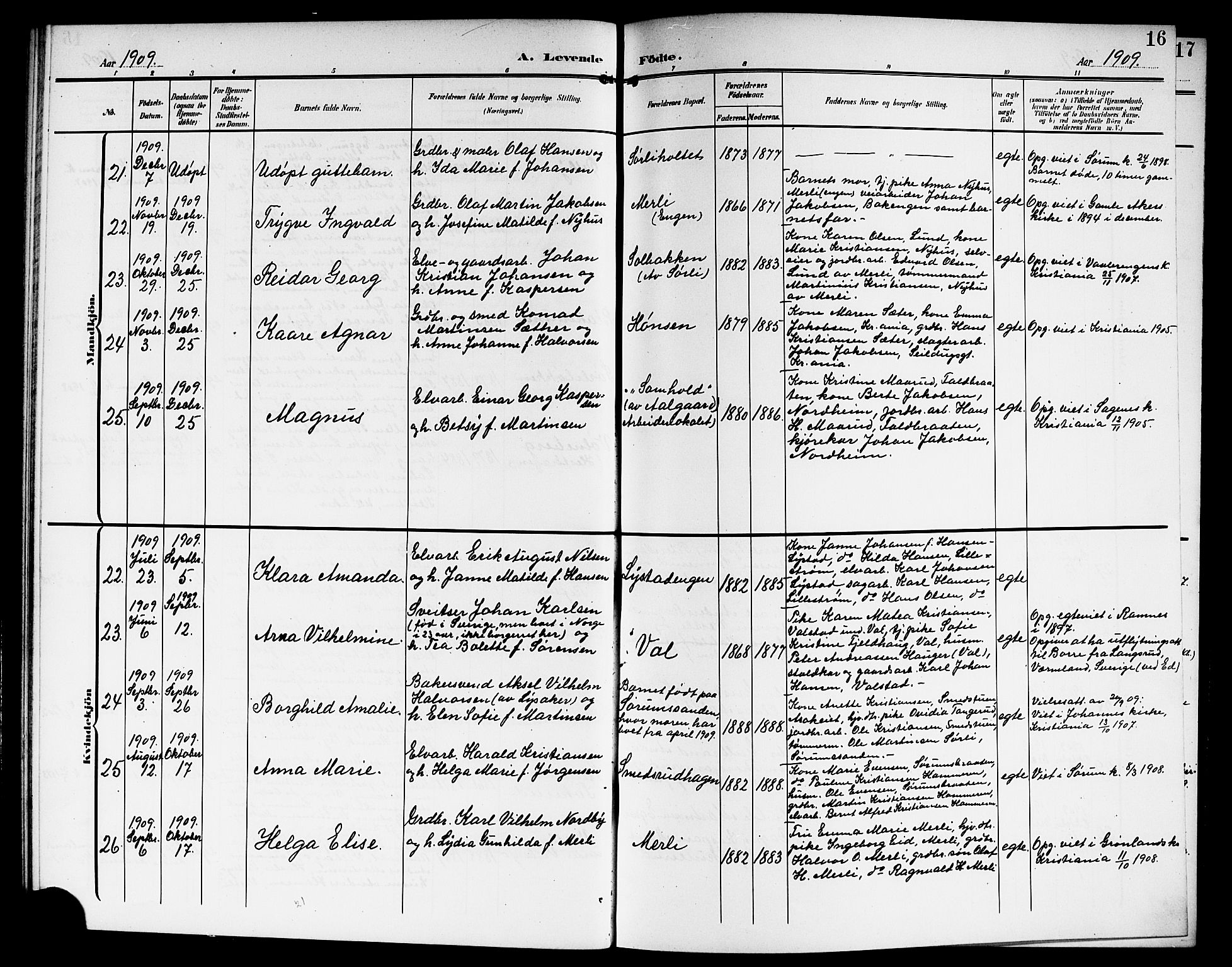 Sørum prestekontor Kirkebøker, AV/SAO-A-10303/G/Ga/L0007: Parish register (copy) no. I 7, 1907-1917, p. 16