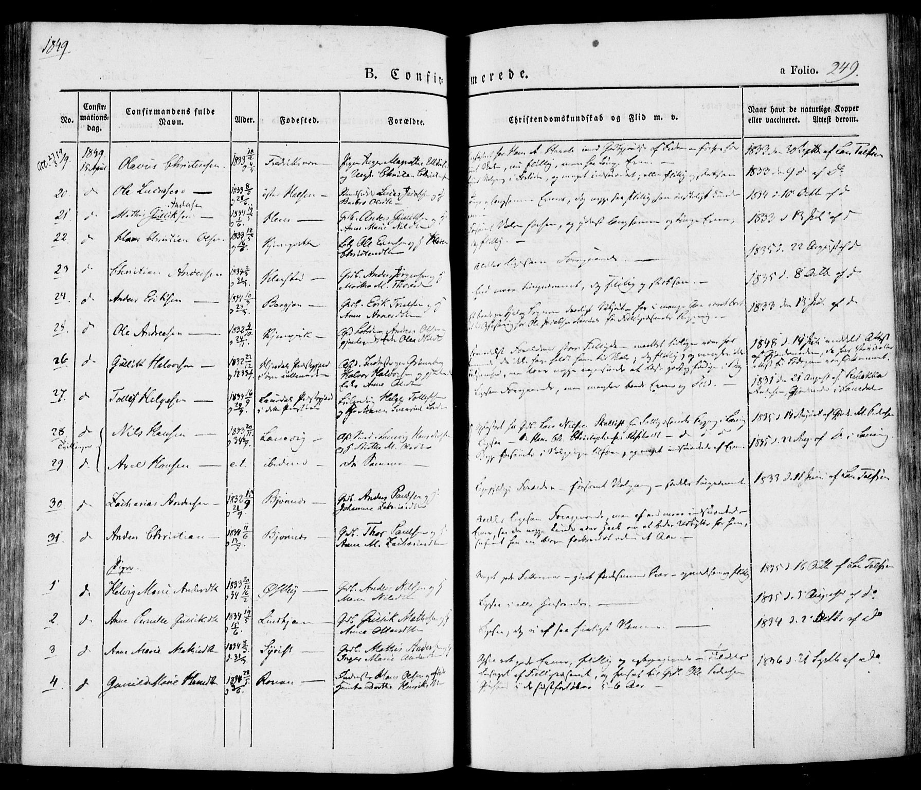 Tjølling kirkebøker, SAKO/A-60/F/Fa/L0006: Parish register (official) no. 6, 1835-1859, p. 249