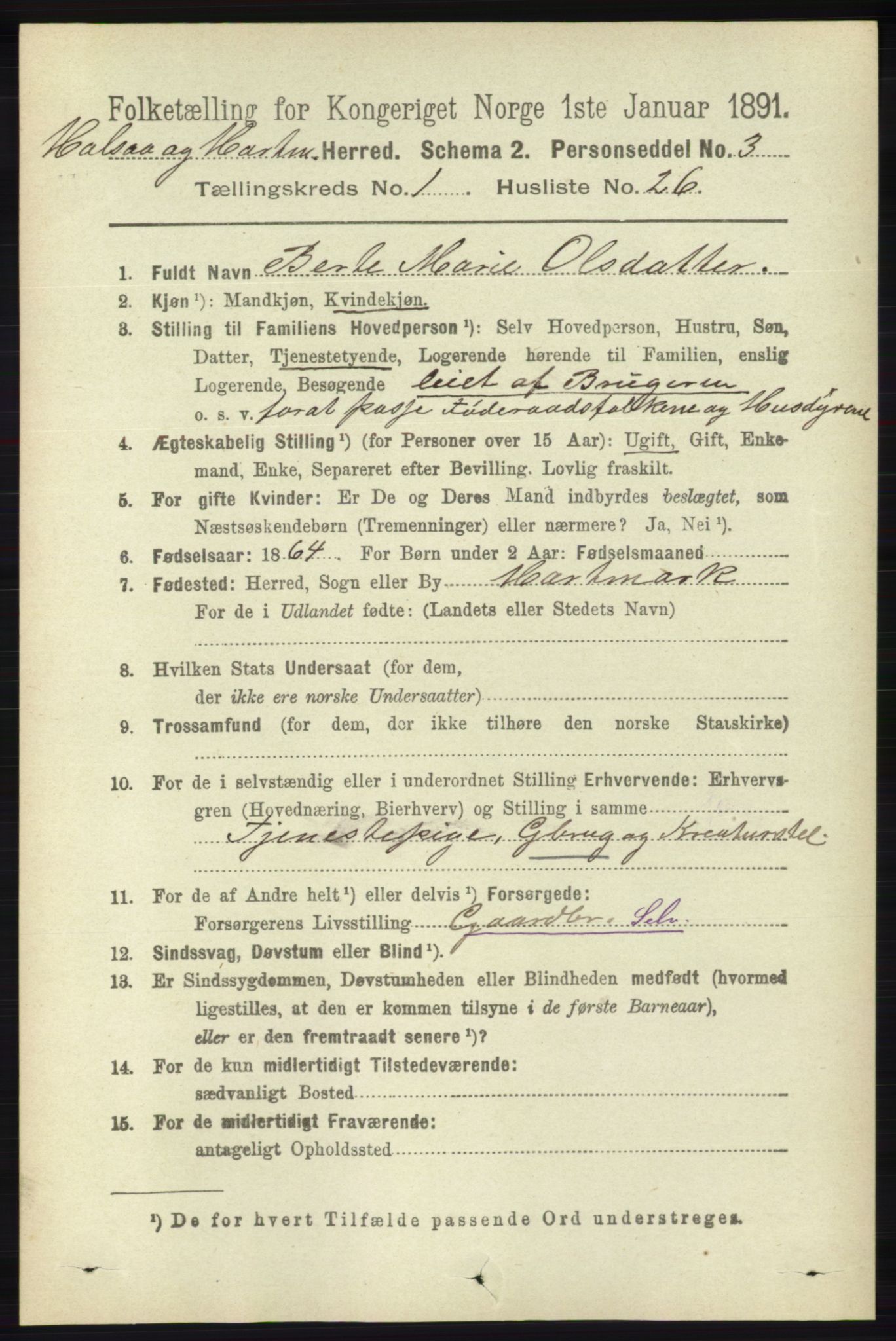 RA, 1891 census for 1019 Halse og Harkmark, 1891, p. 233