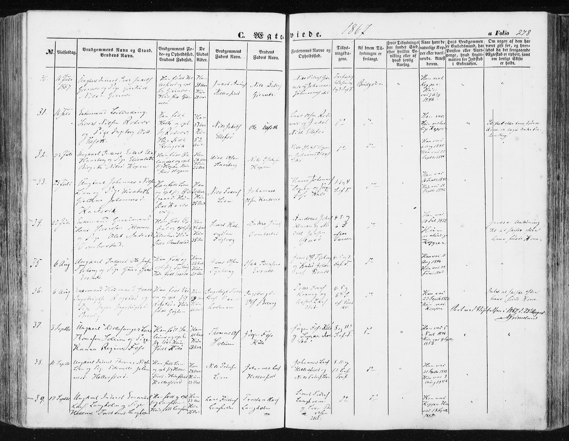 Ministerialprotokoller, klokkerbøker og fødselsregistre - Møre og Romsdal, AV/SAT-A-1454/581/L0937: Parish register (official) no. 581A05, 1853-1872, p. 278