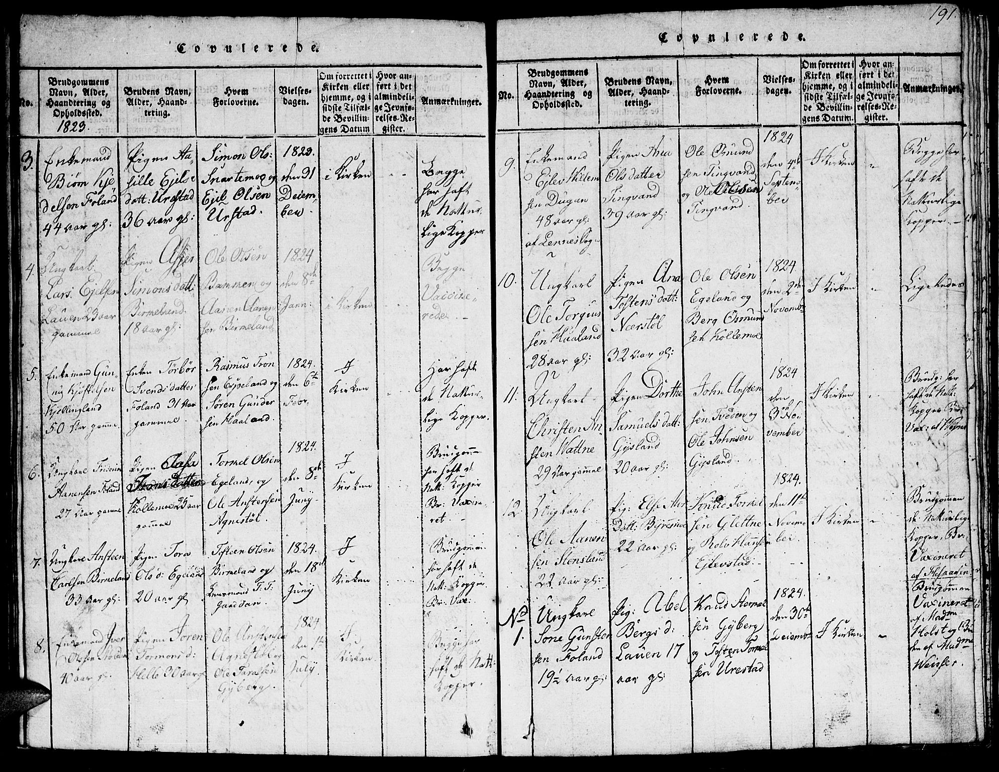 Hægebostad sokneprestkontor, AV/SAK-1111-0024/F/Fb/Fba/L0001: Parish register (copy) no. B 1, 1815-1844, p. 191