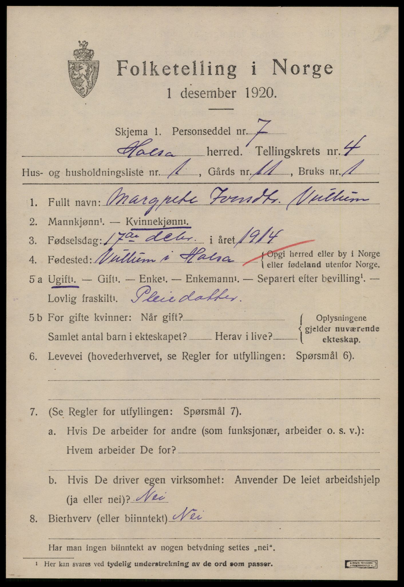 SAT, 1920 census for Halsa, 1920, p. 1635