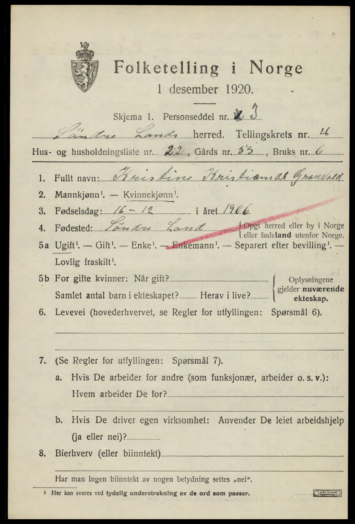 SAH, 1920 census for Søndre Land, 1920, p. 4963