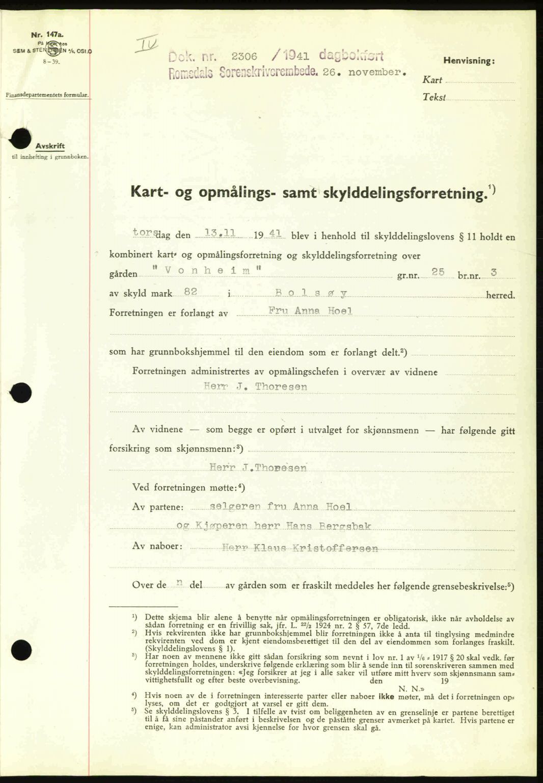 Romsdal sorenskriveri, AV/SAT-A-4149/1/2/2C: Mortgage book no. A11, 1941-1942, Diary no: : 2306/1941