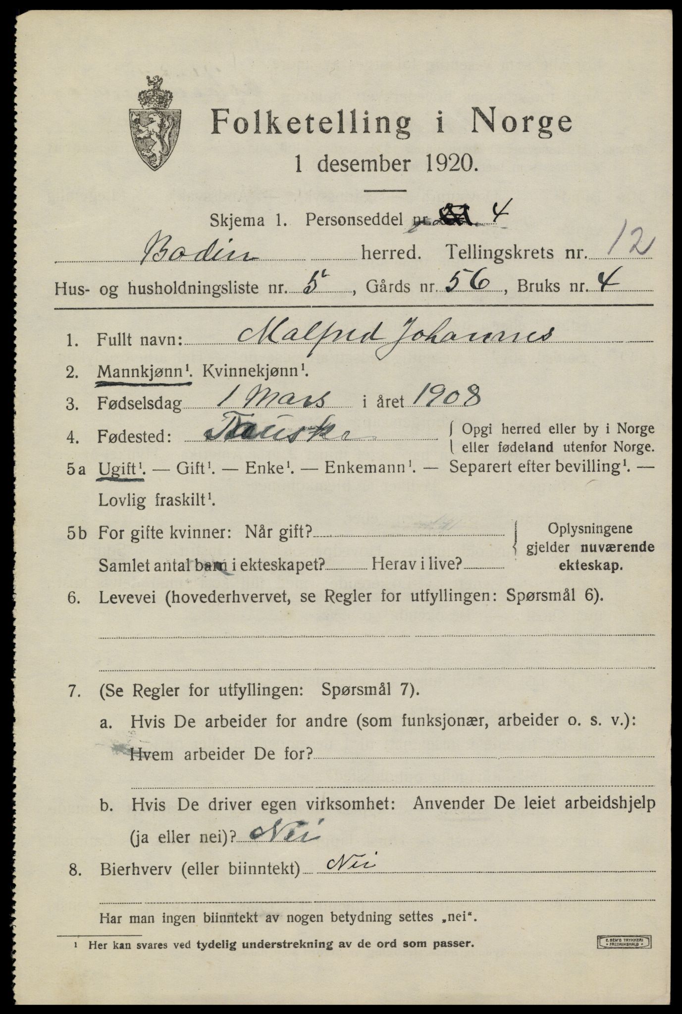 SAT, 1920 census for Bodin, 1920, p. 8476