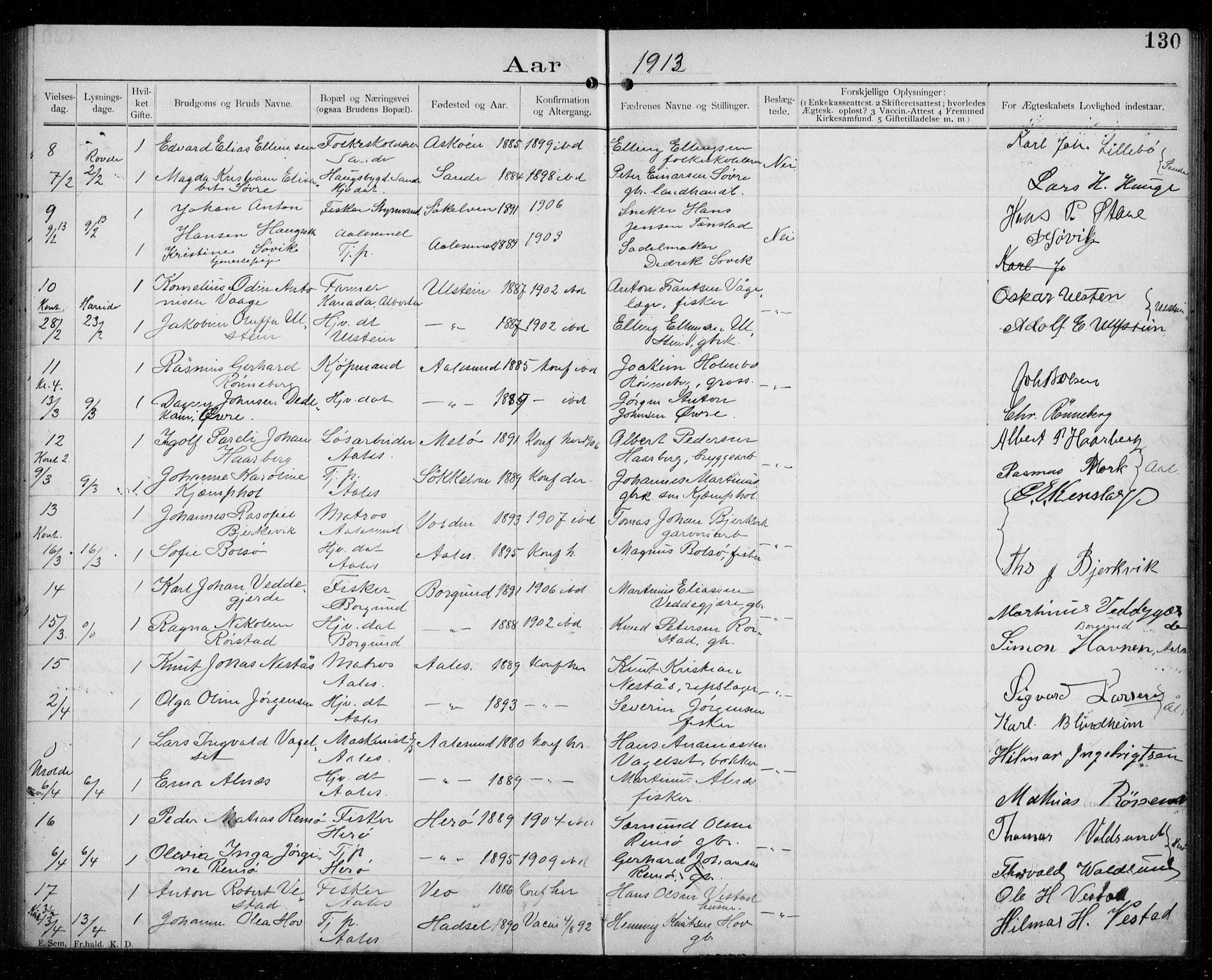 Ministerialprotokoller, klokkerbøker og fødselsregistre - Møre og Romsdal, AV/SAT-A-1454/529/L0458: Banns register no. 529A08, 1901-1918, p. 130