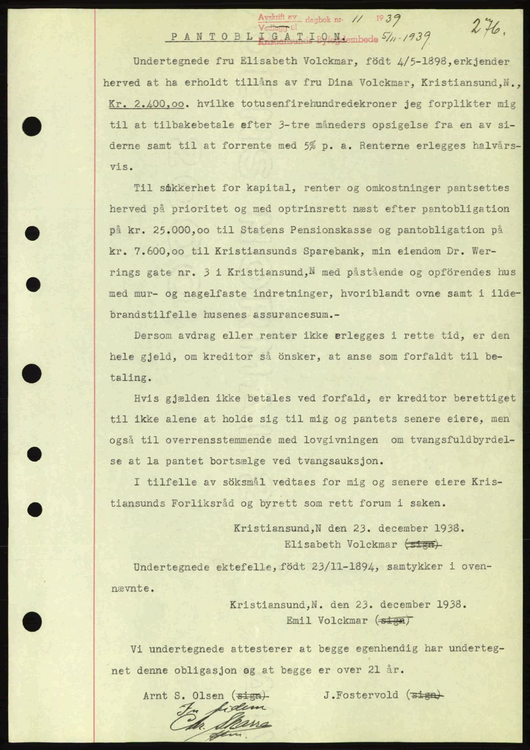 Kristiansund byfogd, SAT/A-4587/A/27: Mortgage book no. 31, 1938-1939, Diary no: : 11/1939