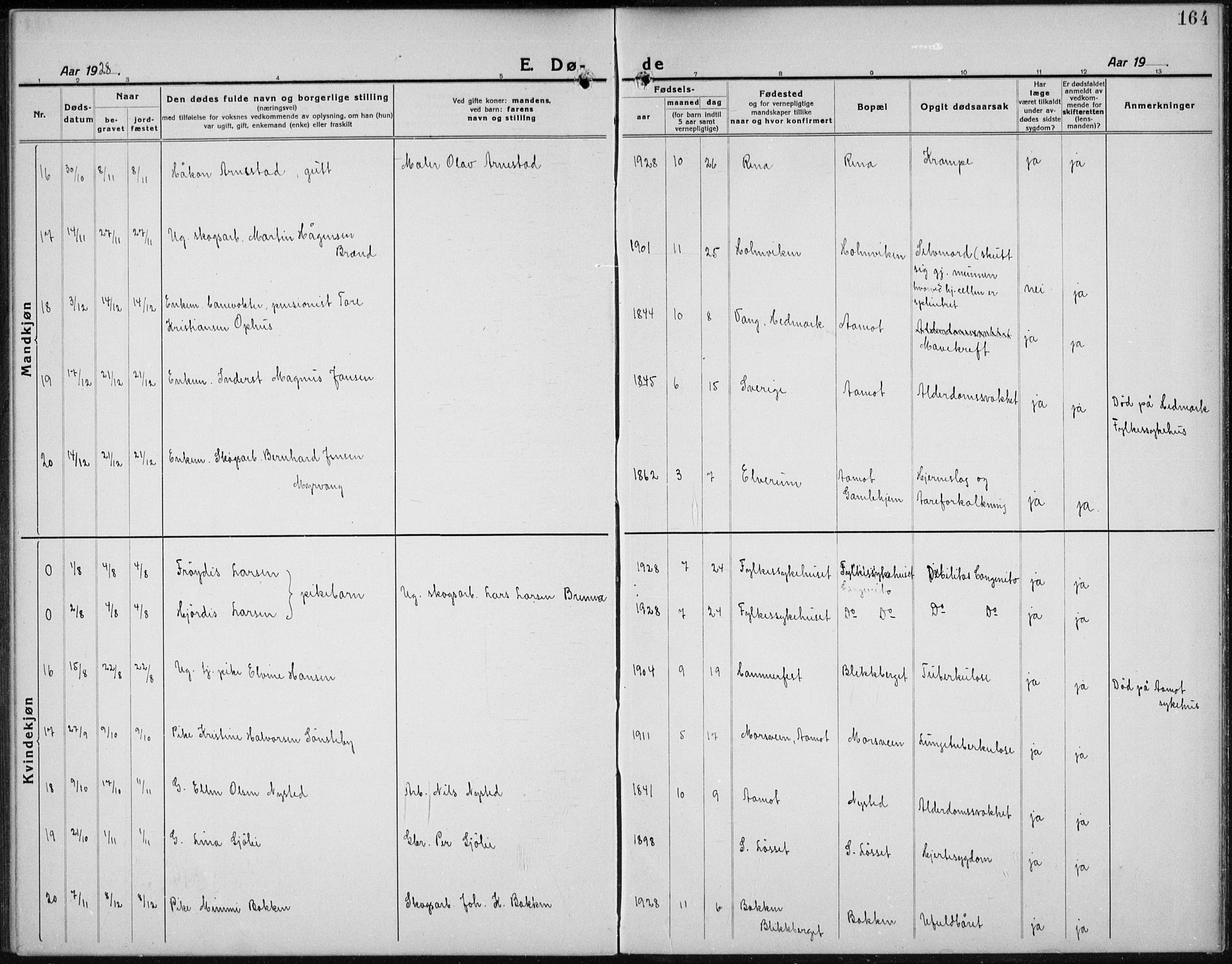 Åmot prestekontor, Hedmark, AV/SAH-PREST-056/H/Ha/Hab/L0005: Parish register (copy) no. 5, 1921-1934, p. 164