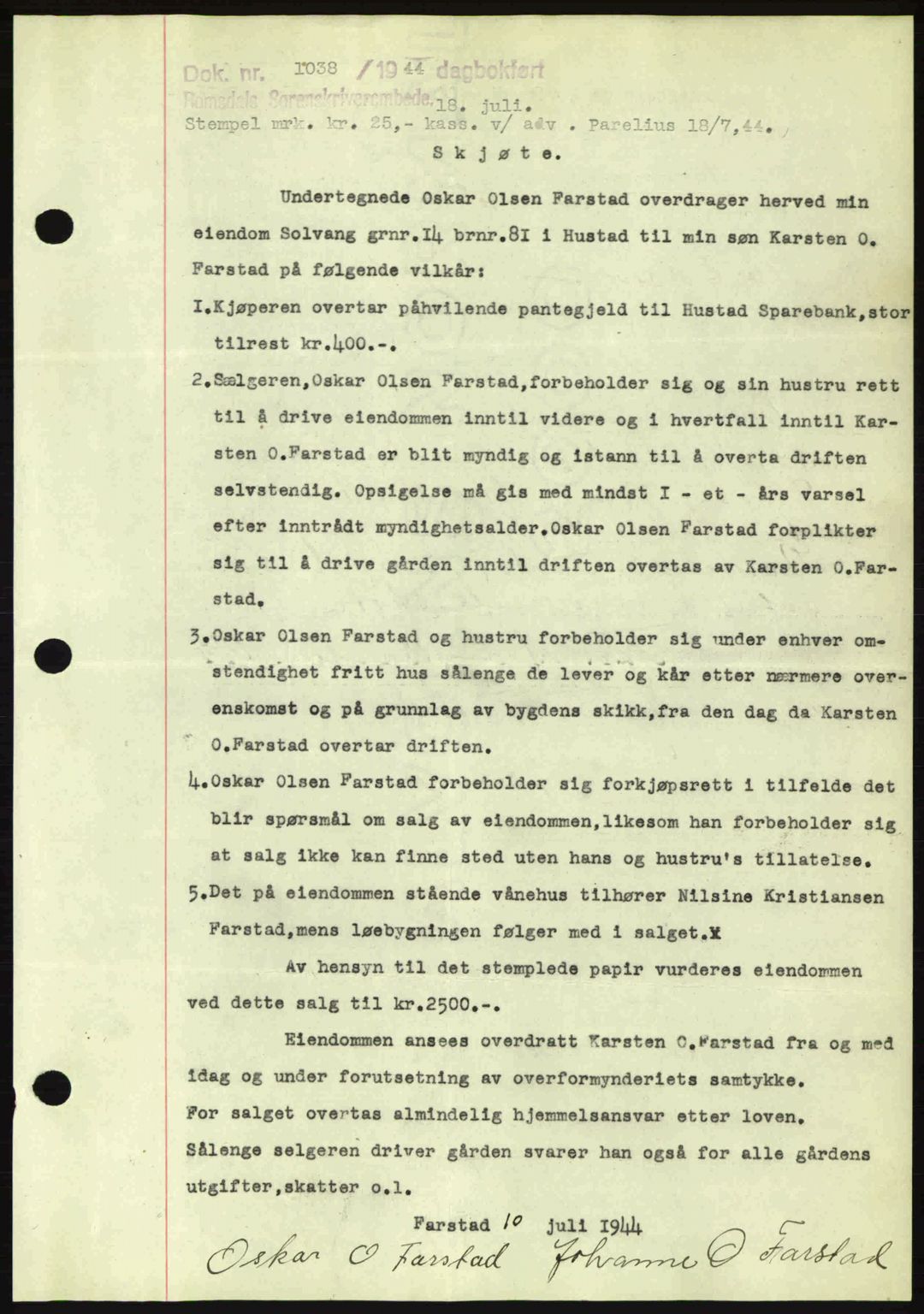 Romsdal sorenskriveri, SAT/A-4149/1/2/2C: Mortgage book no. A16, 1944-1944, Diary no: : 1038/1944