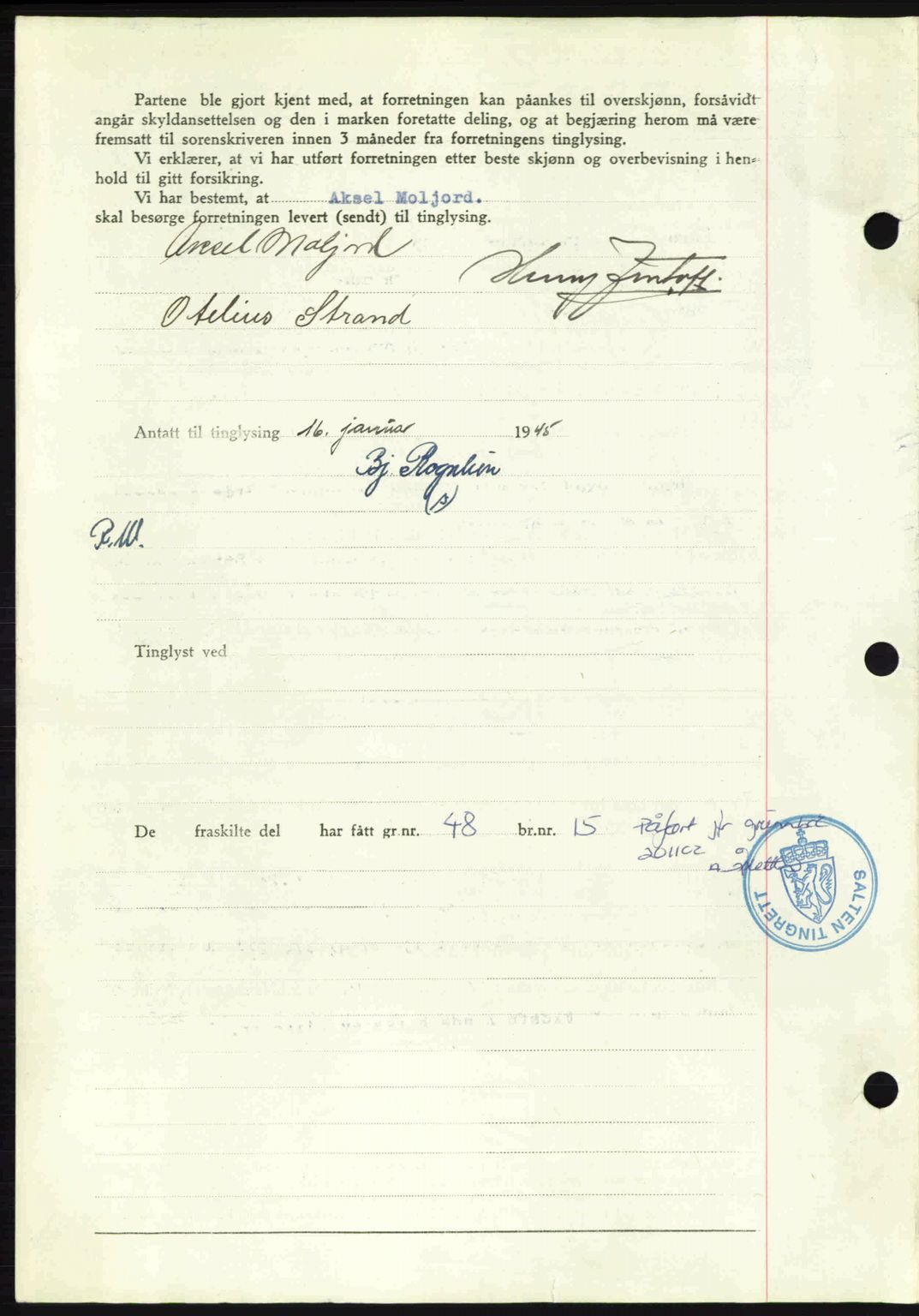 Salten sorenskriveri, AV/SAT-A-4578/1/2/2C: Mortgage book no. A14-15, 1943-1945, Diary no: : 64/1945