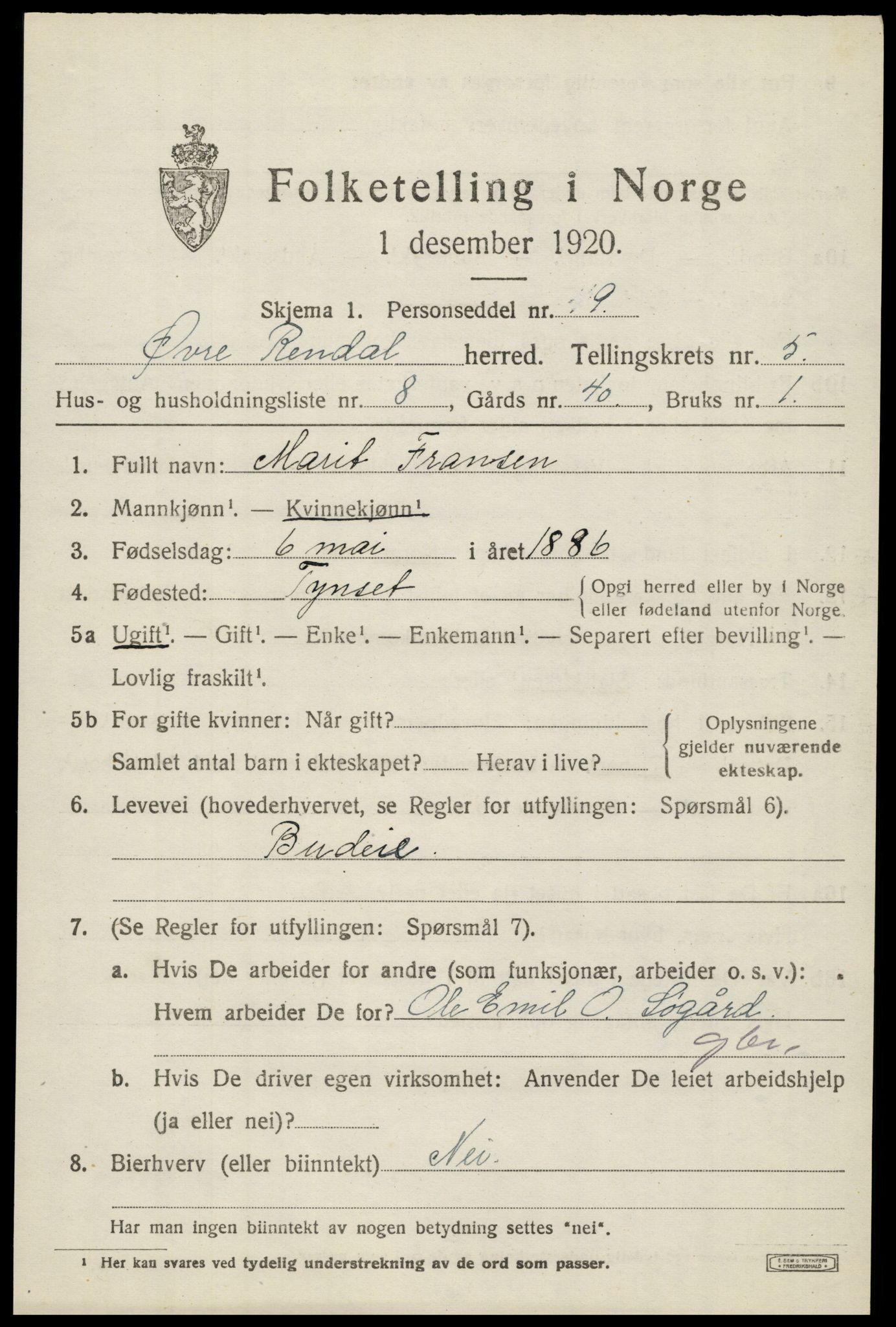 SAH, 1920 census for Øvre Rendal, 1920, p. 2143