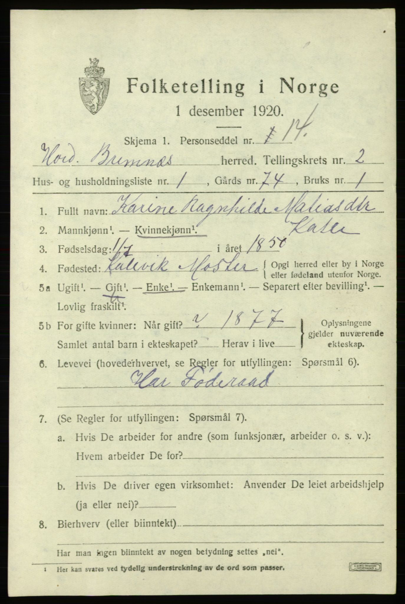 SAB, 1920 census for Bremnes, 1920, p. 1316