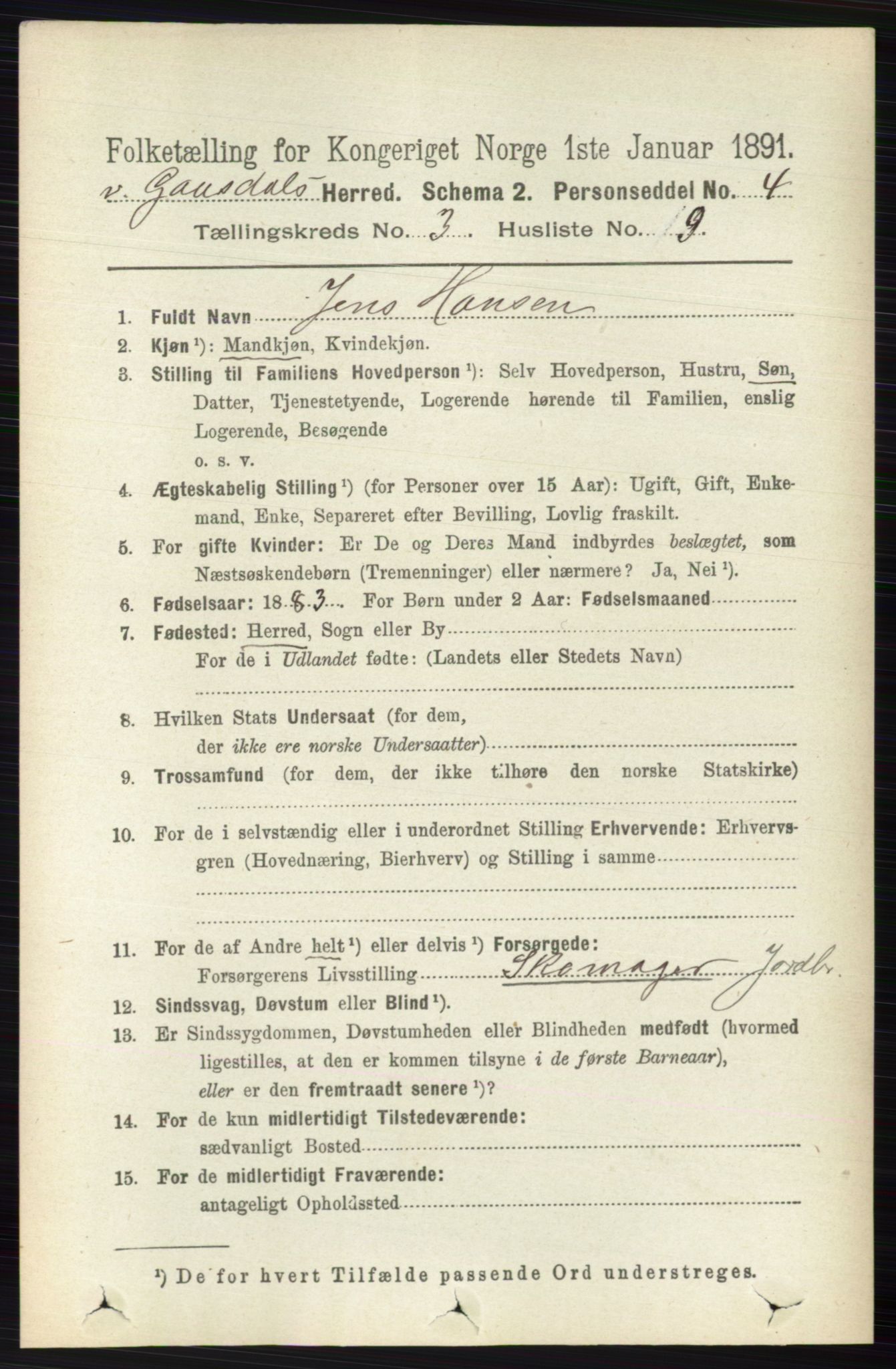 RA, 1891 census for 0523 Vestre Gausdal, 1891, p. 1296