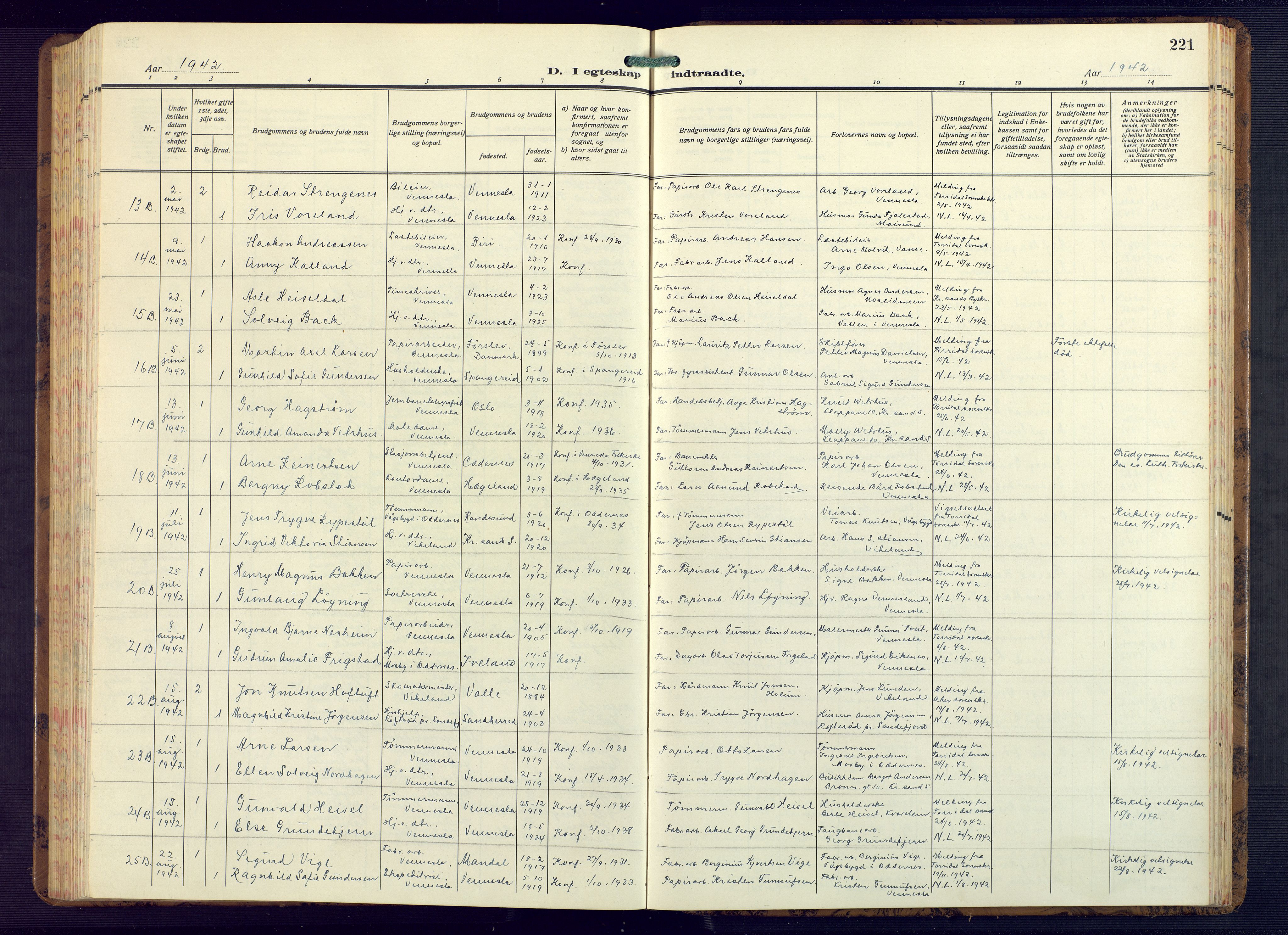 Vennesla sokneprestkontor, SAK/1111-0045/Fb/Fbb/L0008: Parish register (copy) no. B 8, 1934-1947, p. 221