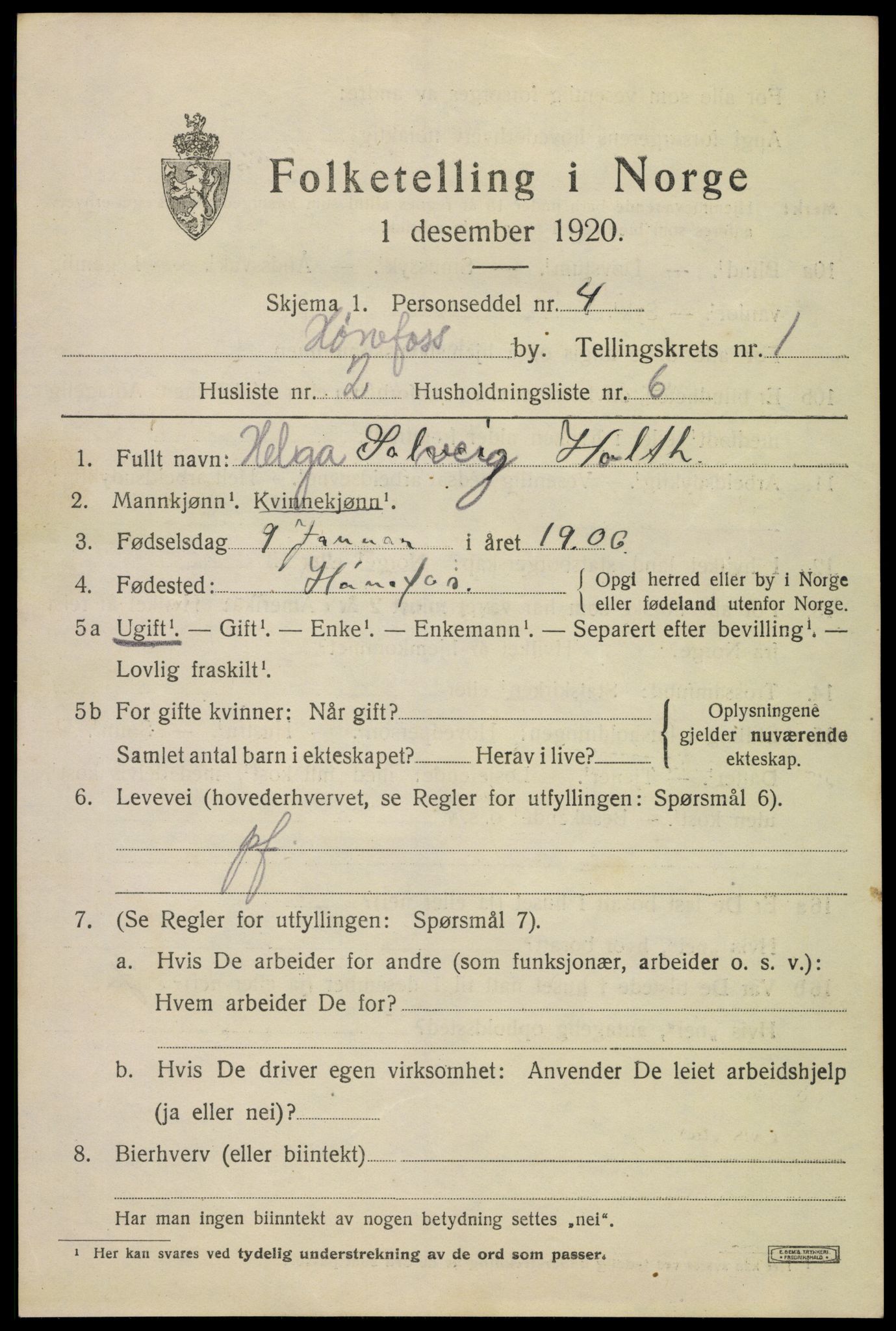 SAKO, 1920 census for Hønefoss, 1920, p. 2398