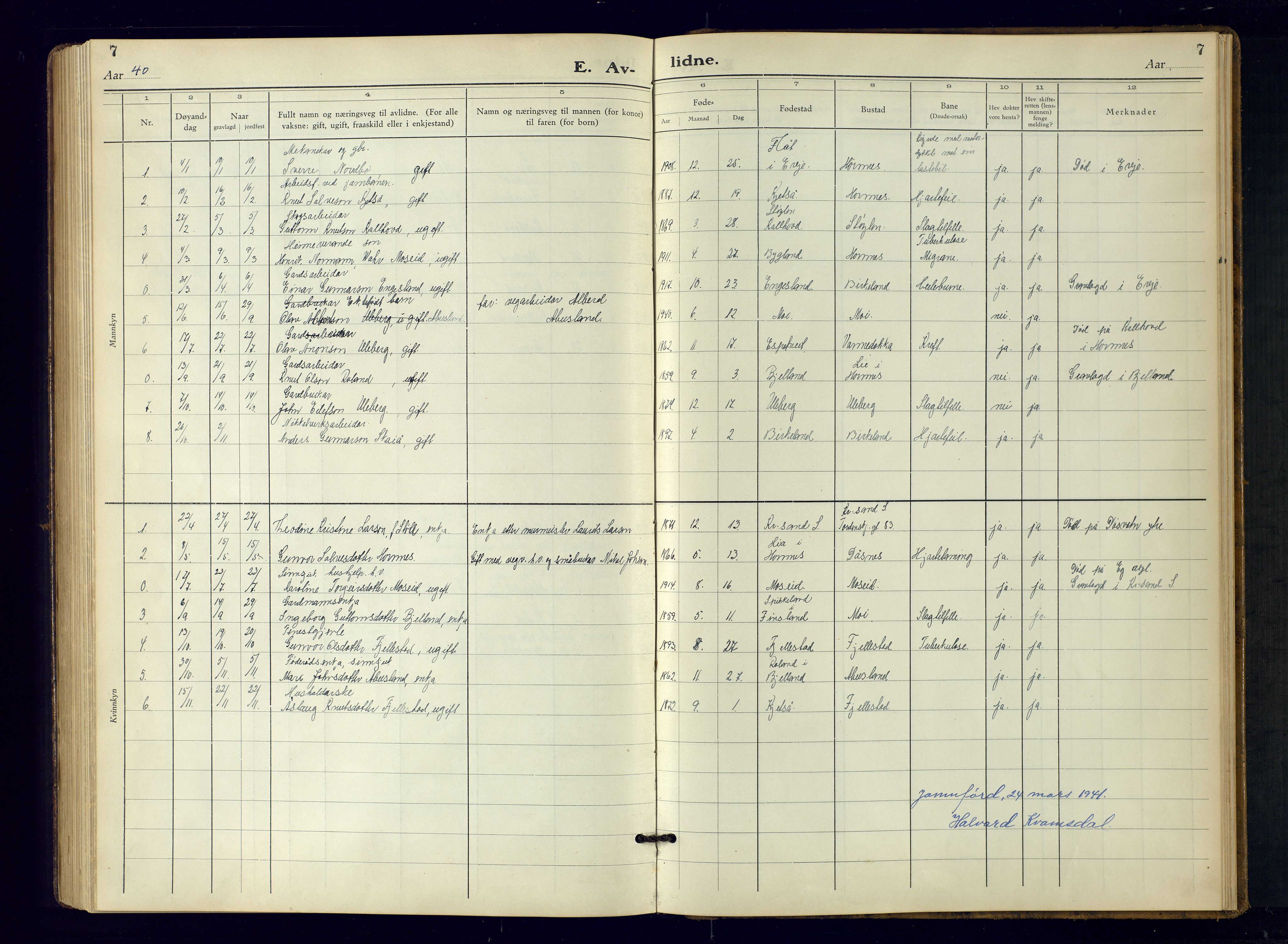 Evje sokneprestkontor, AV/SAK-1111-0008/F/Fb/Fbb/L0004: Parish register (copy) no. B-4, 1934-1970, p. 7