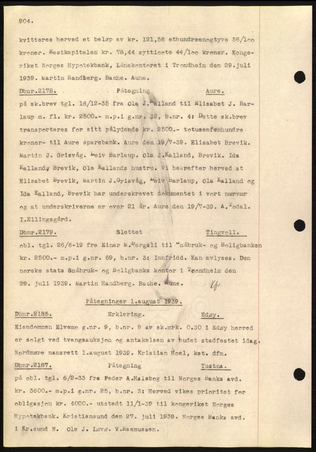 Nordmøre sorenskriveri, AV/SAT-A-4132/1/2/2Ca: Mortgage book no. C80, 1936-1939, Diary no: : 2178/1939