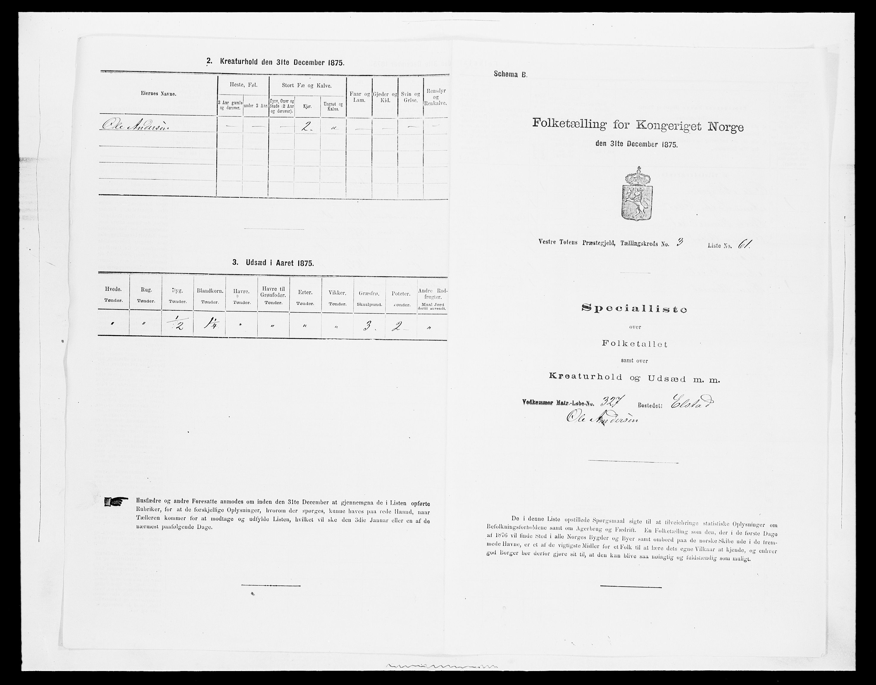 SAH, 1875 census for 0529P Vestre Toten, 1875, p. 701