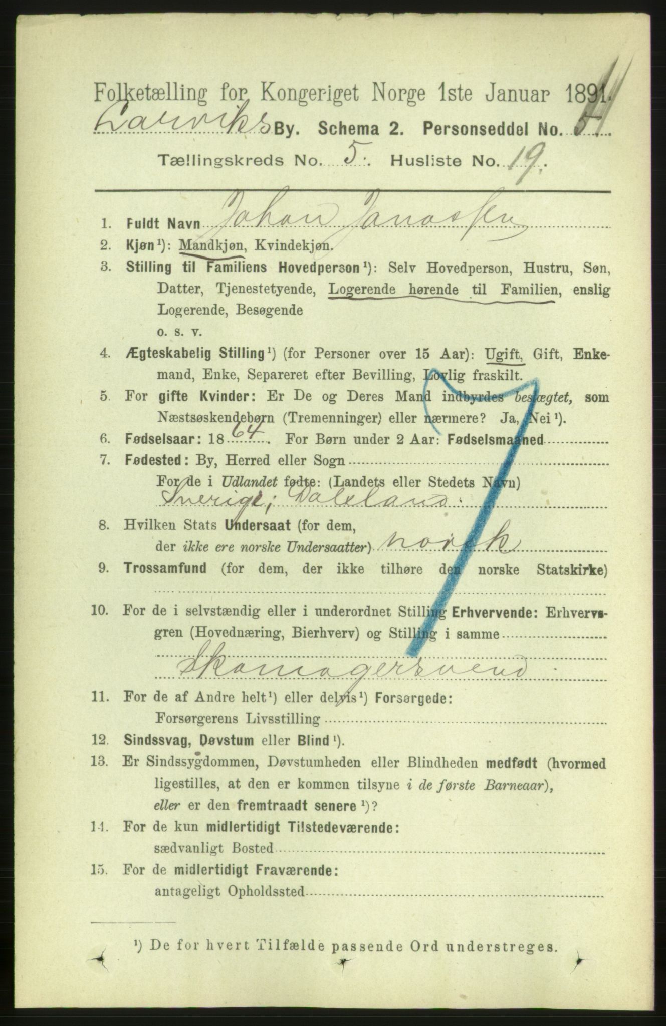 RA, 1891 census for 0707 Larvik, 1891, p. 6186