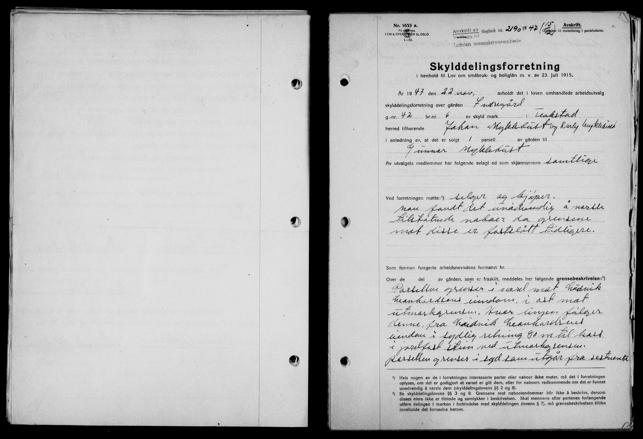 Lofoten sorenskriveri, SAT/A-0017/1/2/2C/L0017a: Mortgage book no. 17a, 1947-1948, Diary no: : 2190/1947