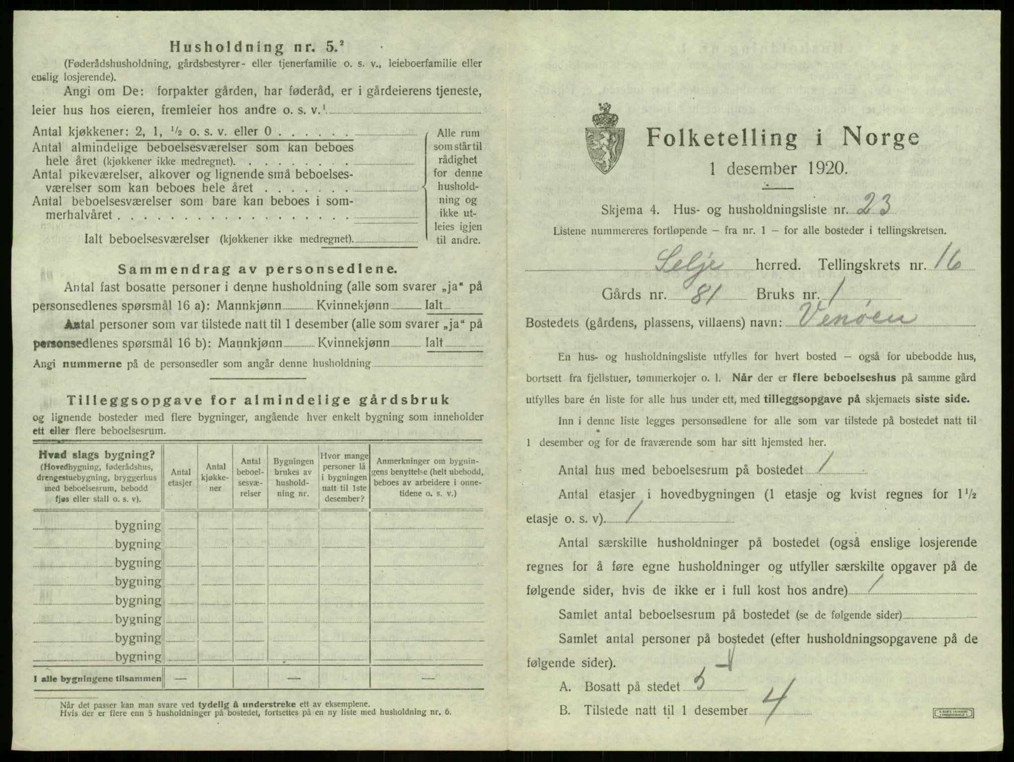 SAB, 1920 census for Selje, 1920, p. 1024