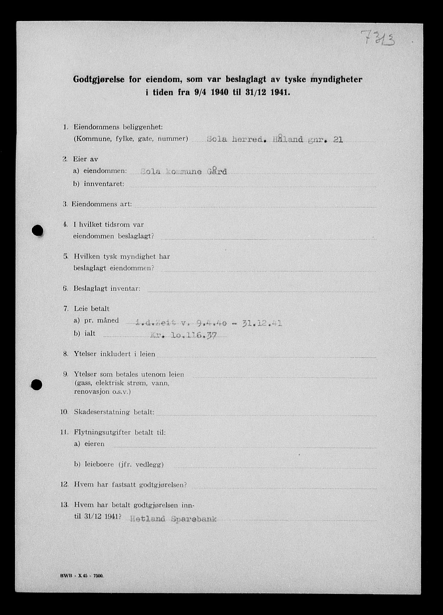 Justisdepartementet, Tilbakeføringskontoret for inndratte formuer, AV/RA-S-1564/I/L1014: Godtgjørelse for beslaglagt eiendom, 1940-1941, p. 463