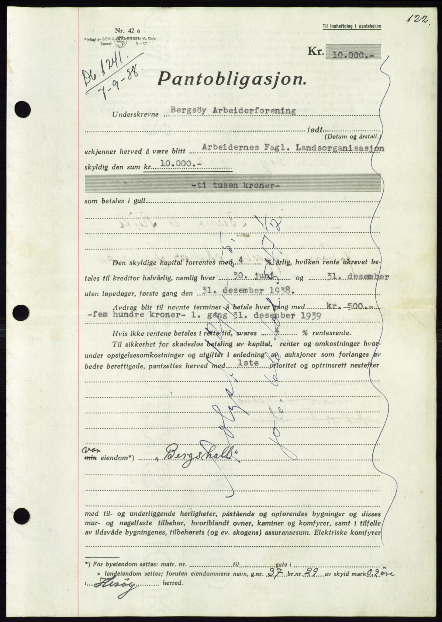 Søre Sunnmøre sorenskriveri, AV/SAT-A-4122/1/2/2C/L0066: Mortgage book no. 60, 1938-1938, Diary no: : 1241/1938