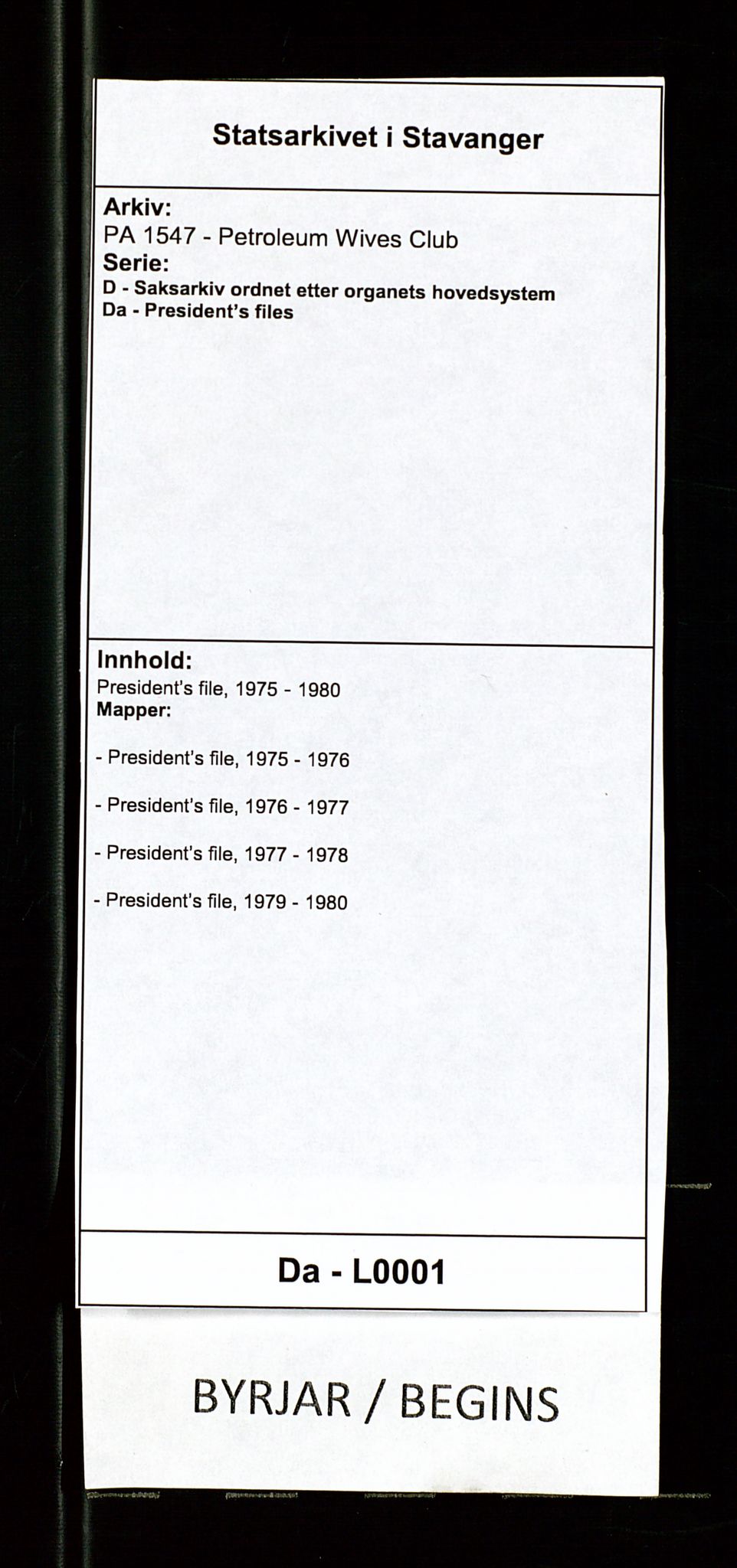 PA 1547 - Petroleum Wives Club, AV/SAST-A-101974/D/Da/L0001: President's file, 1975-1980