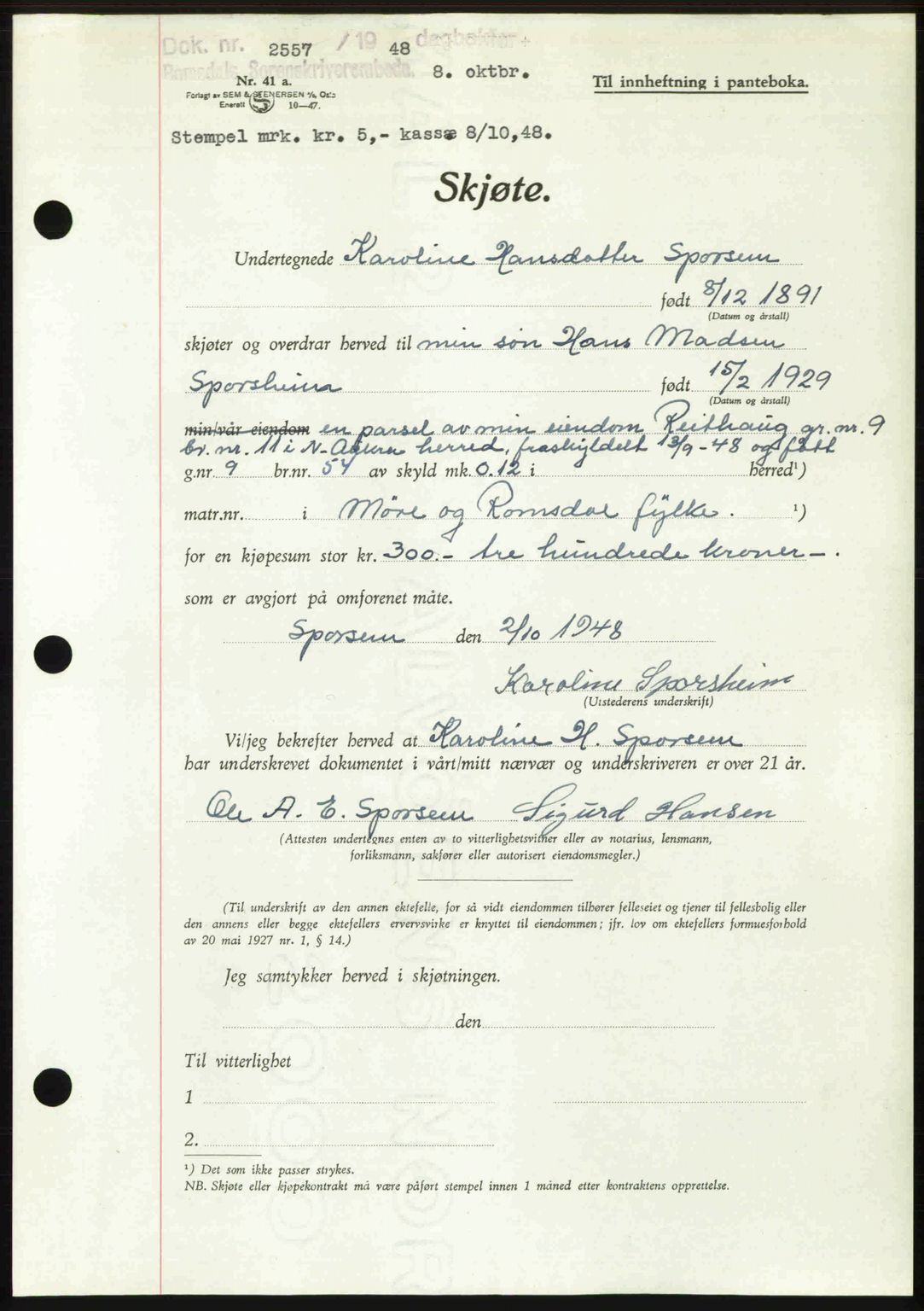 Romsdal sorenskriveri, AV/SAT-A-4149/1/2/2C: Mortgage book no. A27, 1948-1948, Diary no: : 2557/1948