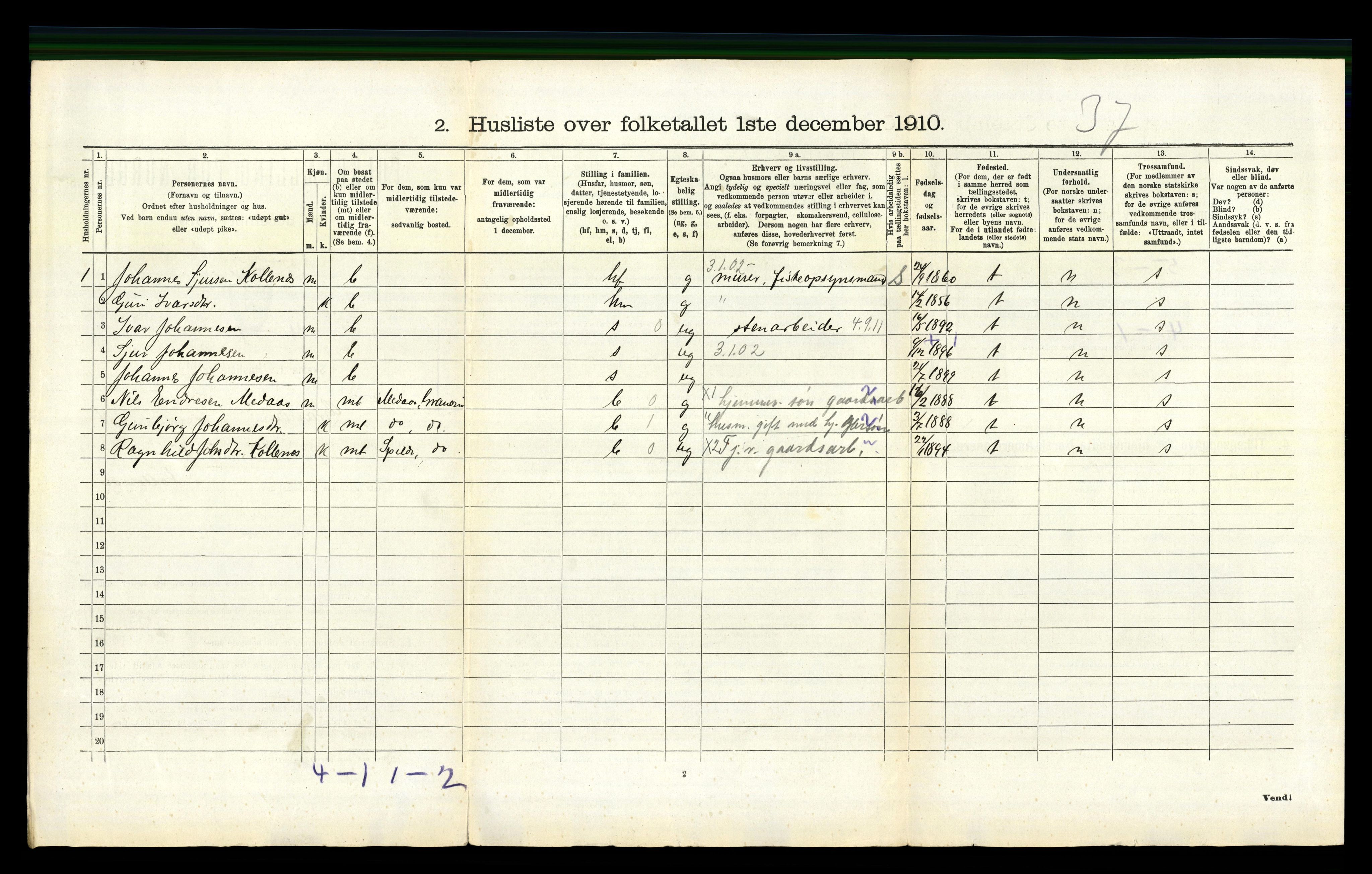 RA, 1910 census for Granvin, 1910, p. 401