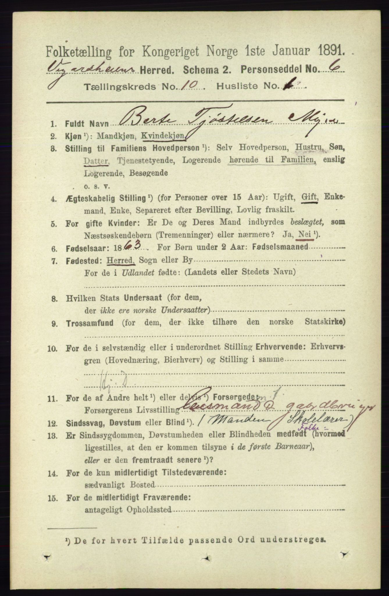 RA, 1891 census for 0912 Vegårshei, 1891, p. 1913