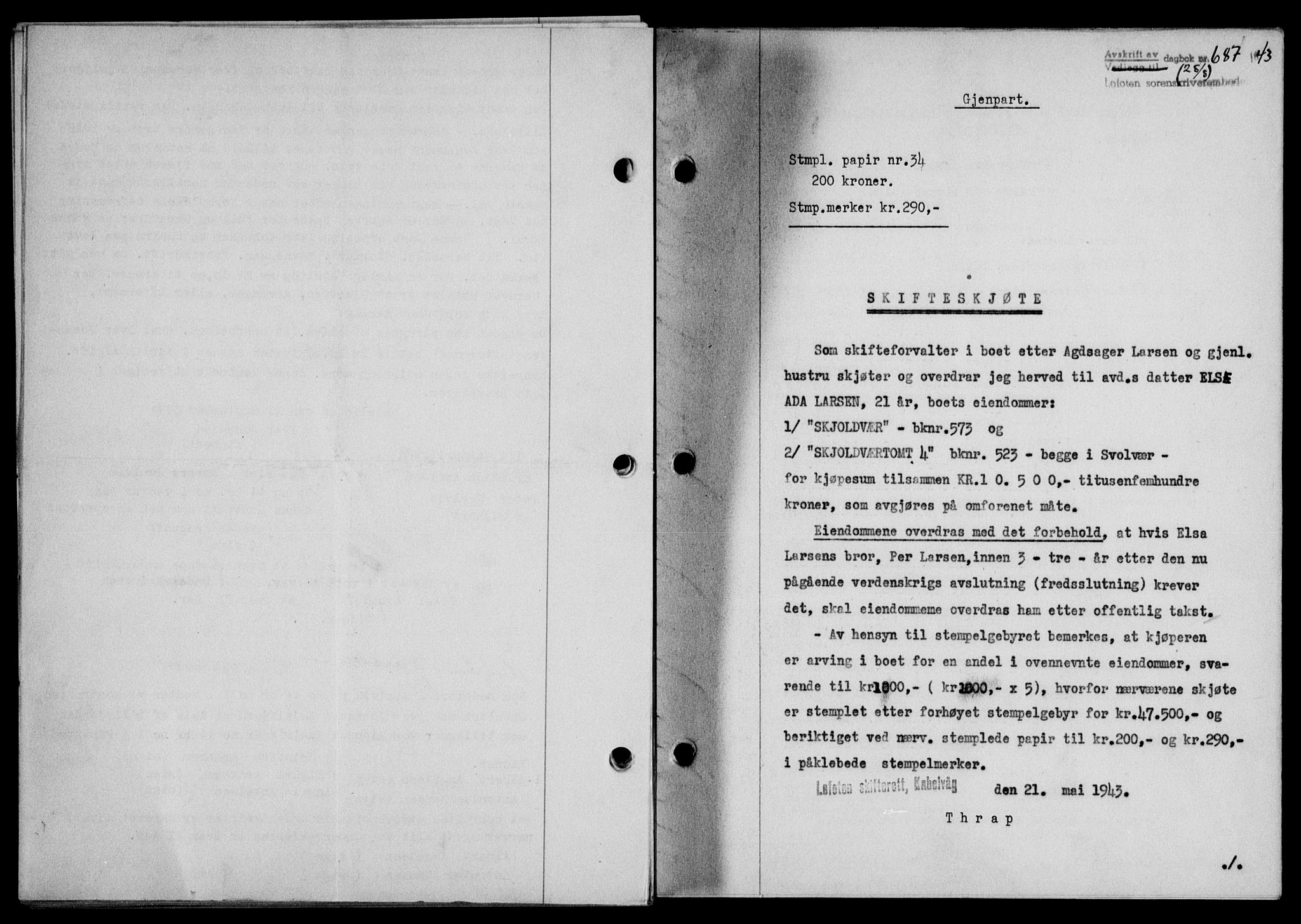 Lofoten sorenskriveri, SAT/A-0017/1/2/2C/L0011a: Mortgage book no. 11a, 1943-1943, Diary no: : 687/1943
