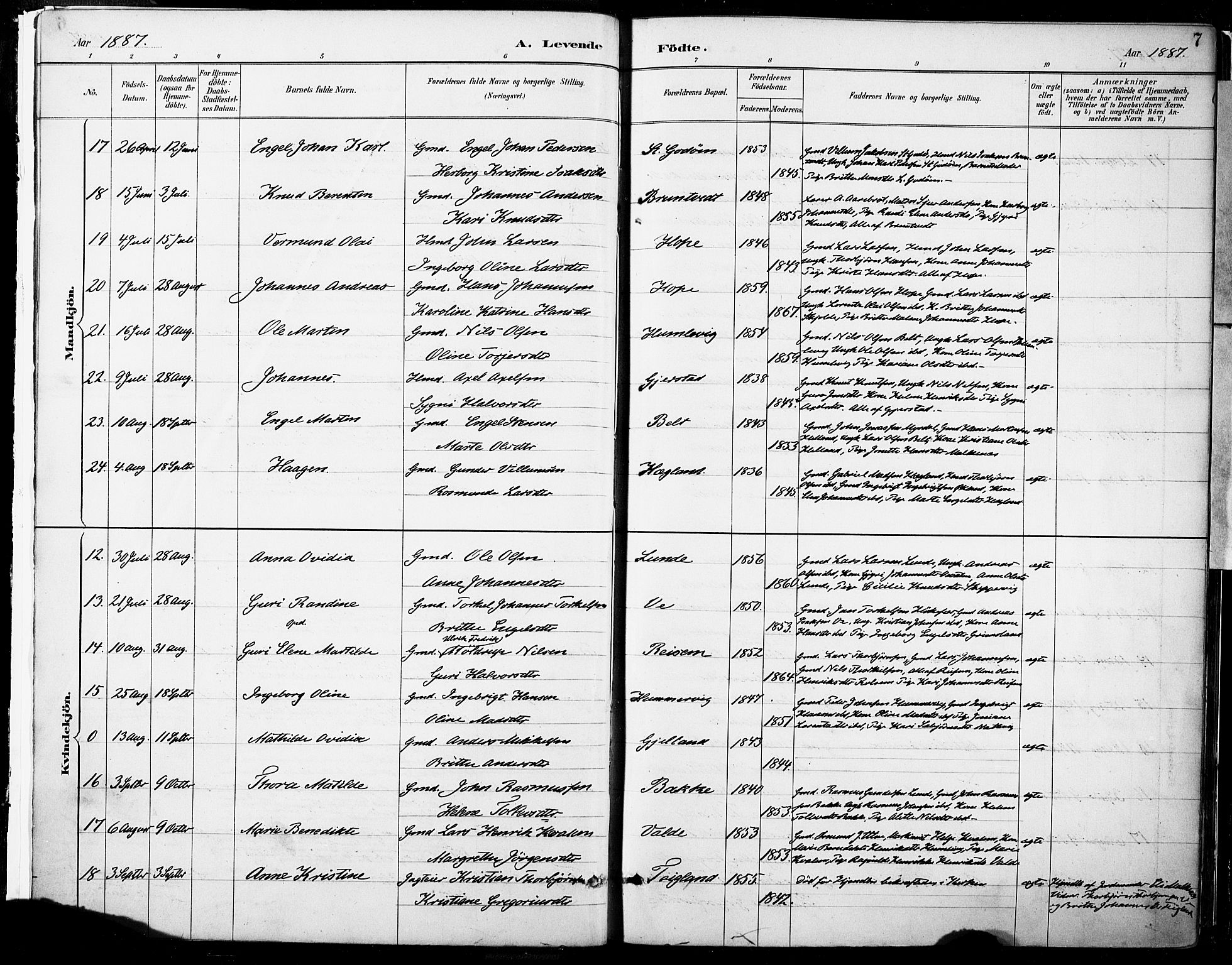 Tysnes sokneprestembete, AV/SAB-A-78601/H/Haa: Parish register (official) no. B 1, 1887-1906, p. 7
