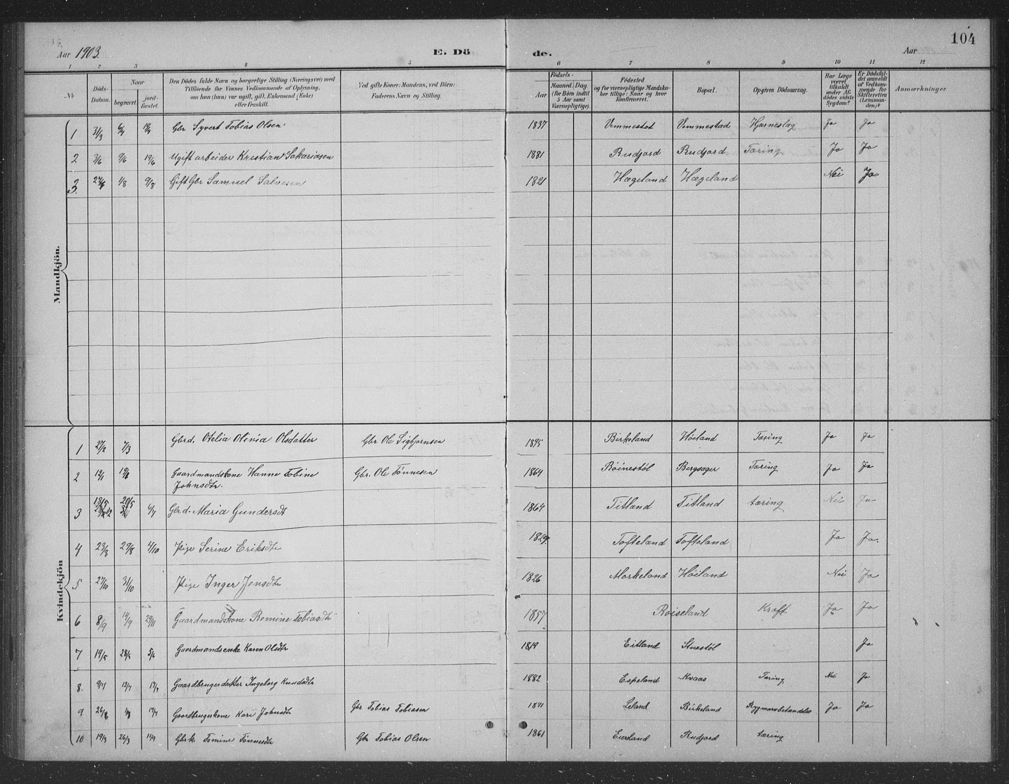 Lyngdal sokneprestkontor, AV/SAK-1111-0029/F/Fb/Fbb/L0002: Parish register (copy) no. B 2, 1901-1934, p. 104