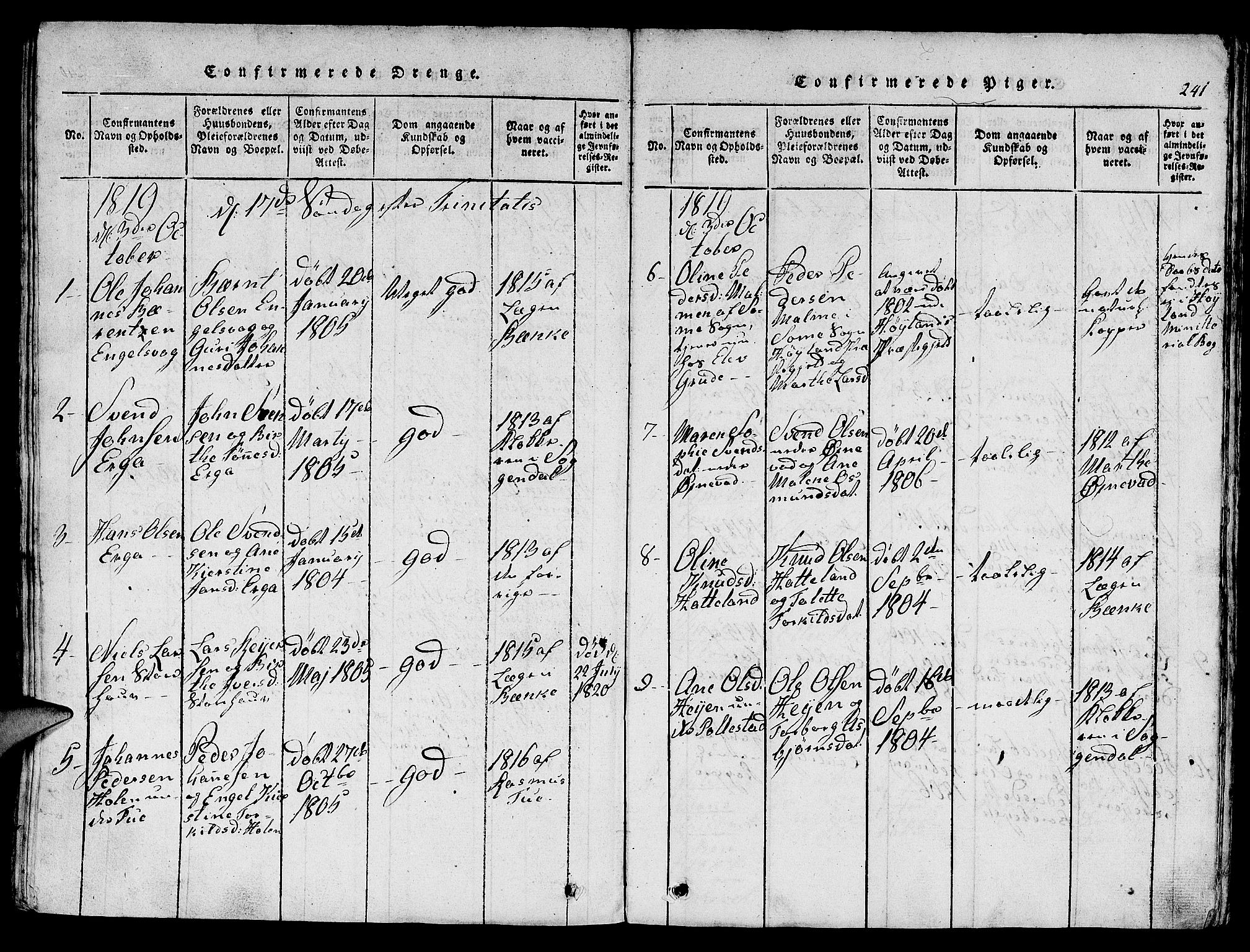 Klepp sokneprestkontor, SAST/A-101803/001/3/30BA/L0002: Parish register (official) no. A 2, 1816-1833, p. 241