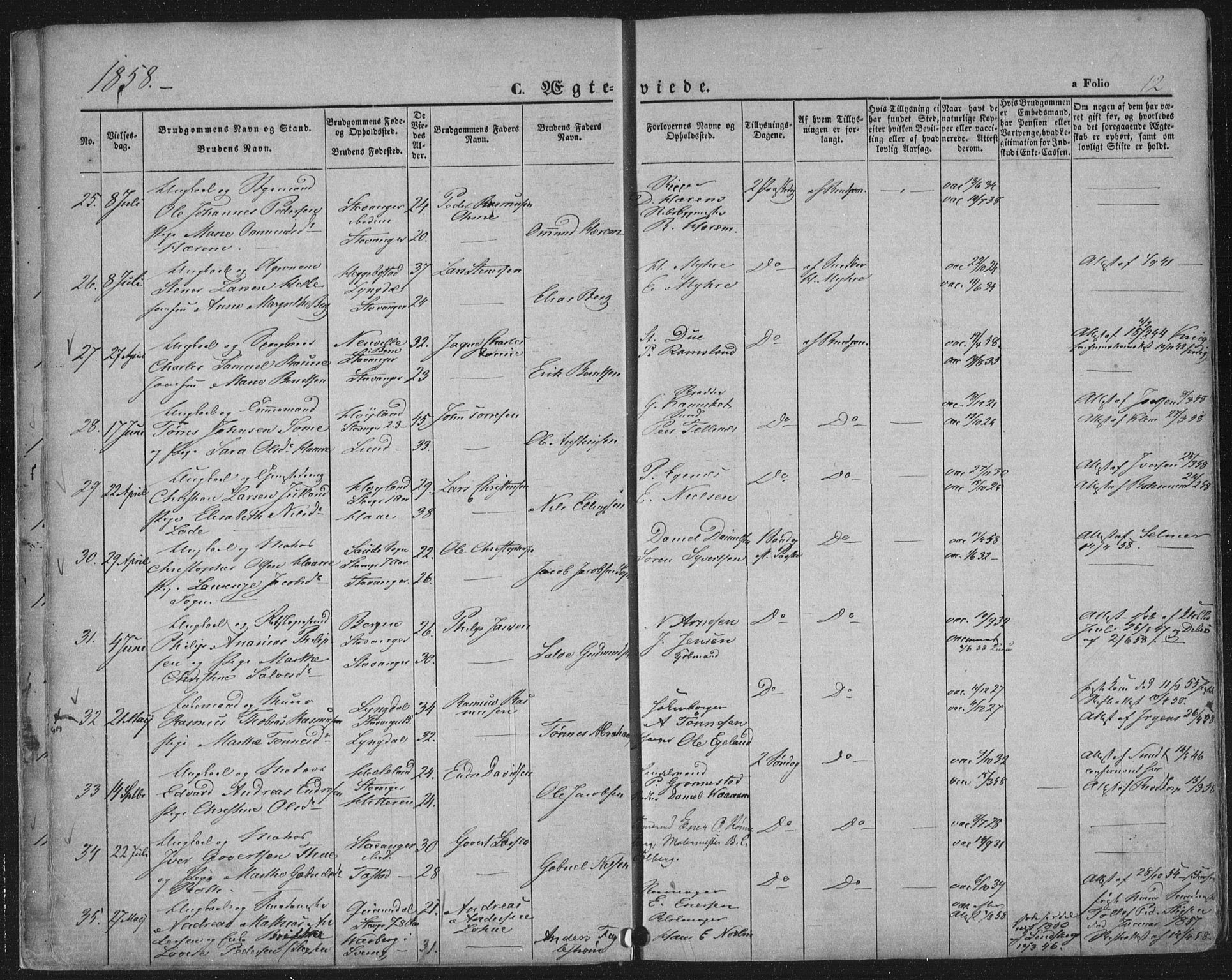 Domkirken sokneprestkontor, AV/SAST-A-101812/001/30/30BA/L0019: Parish register (official) no. A 18, 1857-1877, p. 12