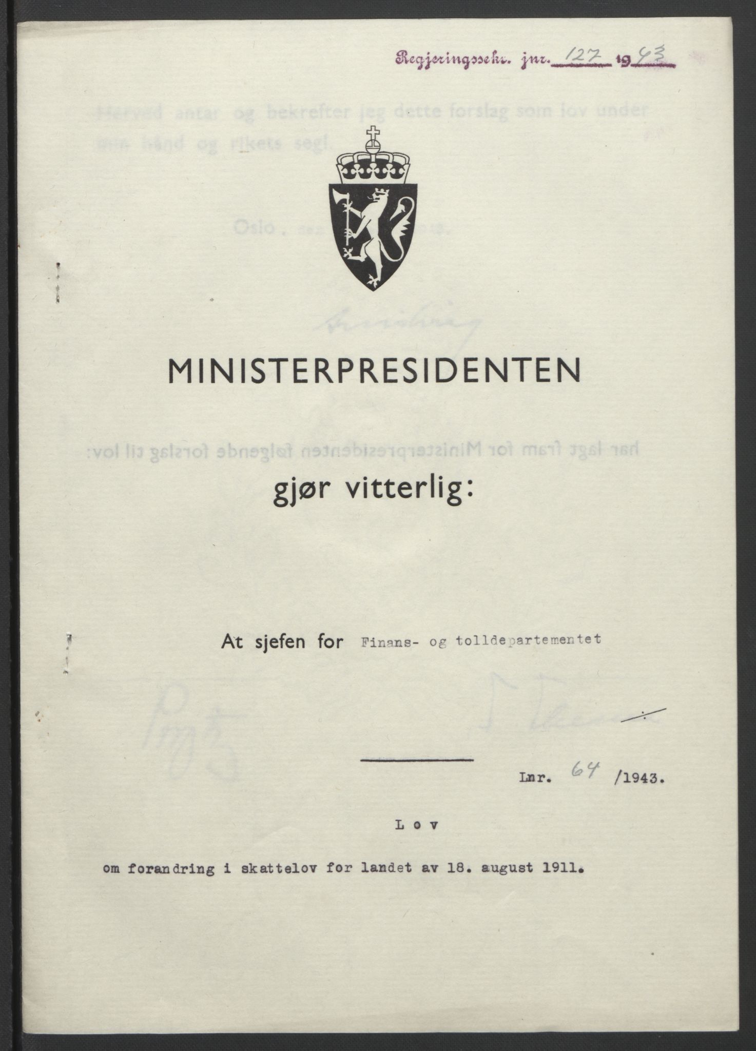 NS-administrasjonen 1940-1945 (Statsrådsekretariatet, de kommisariske statsråder mm), RA/S-4279/D/Db/L0099: Lover, 1943, p. 296