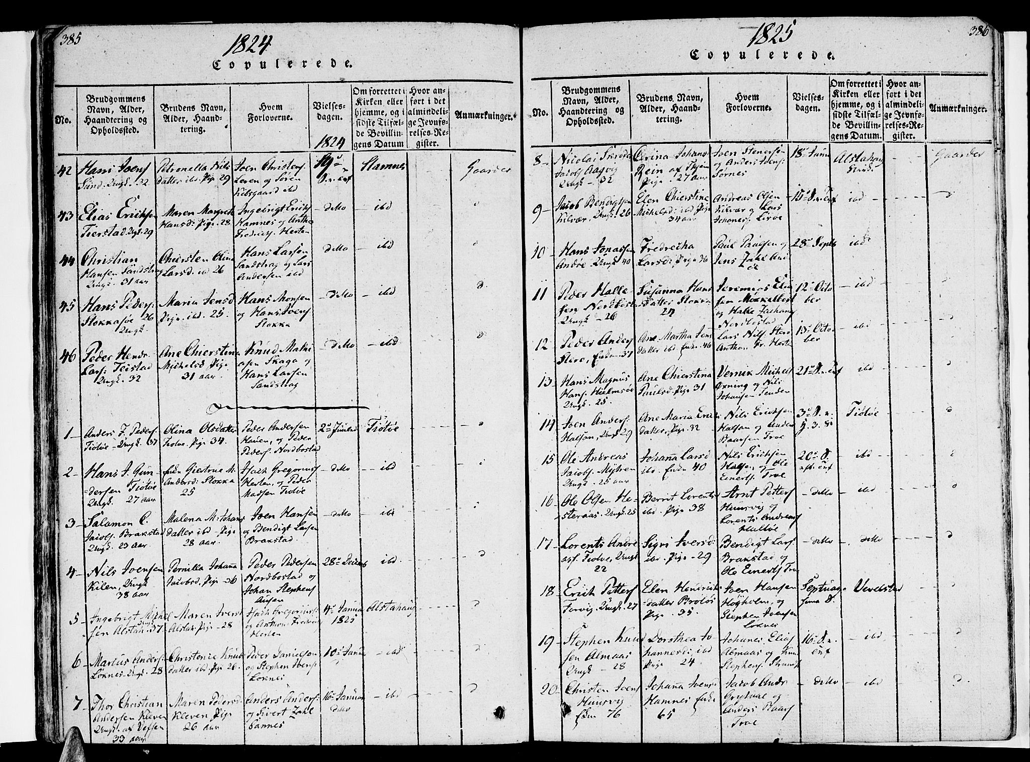 Ministerialprotokoller, klokkerbøker og fødselsregistre - Nordland, SAT/A-1459/830/L0445: Parish register (official) no. 830A09, 1820-1830, p. 385-386