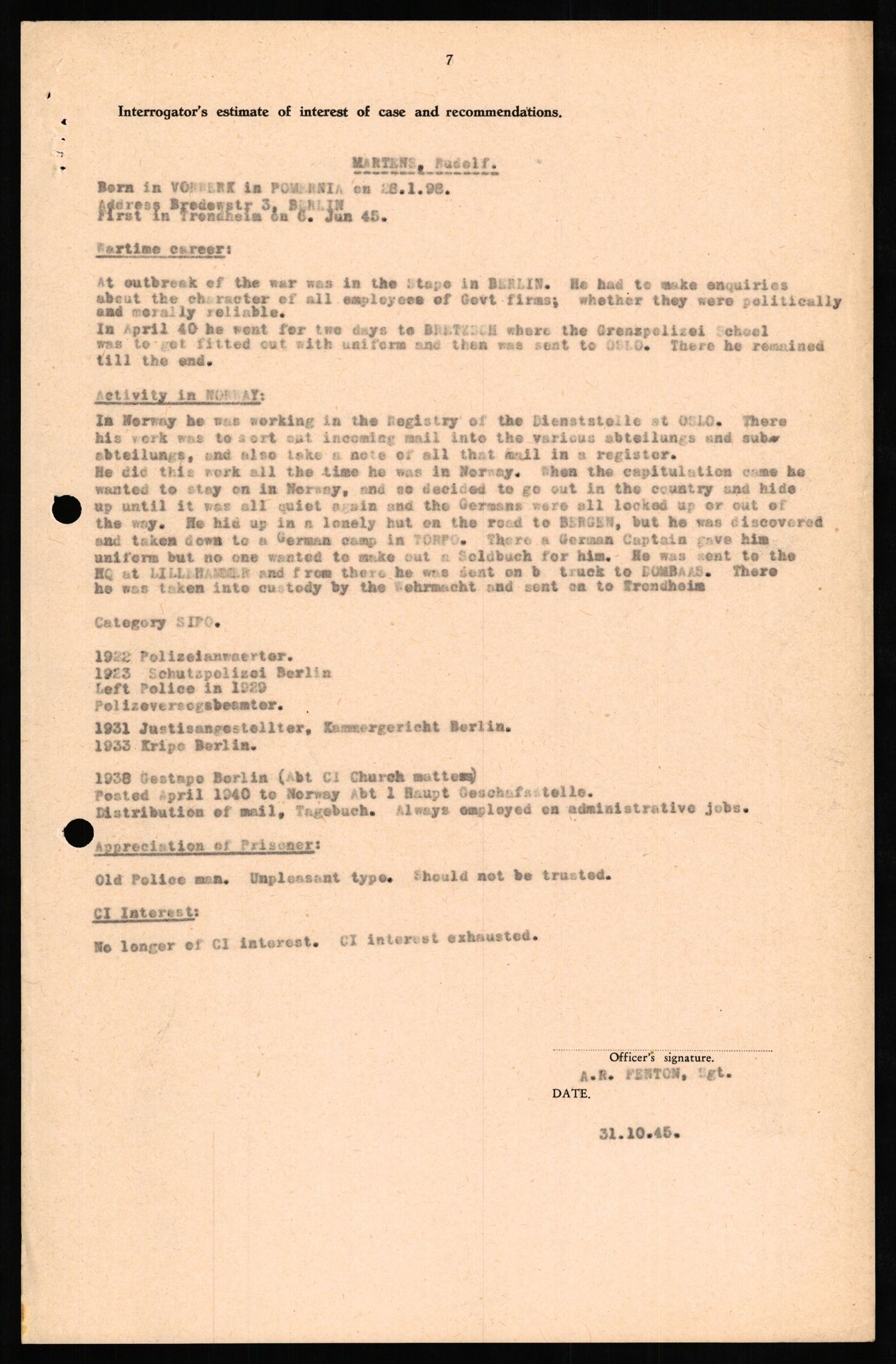 Forsvaret, Forsvarets overkommando II, RA/RAFA-3915/D/Db/L0021: CI Questionaires. Tyske okkupasjonsstyrker i Norge. Tyskere., 1945-1946, p. 176