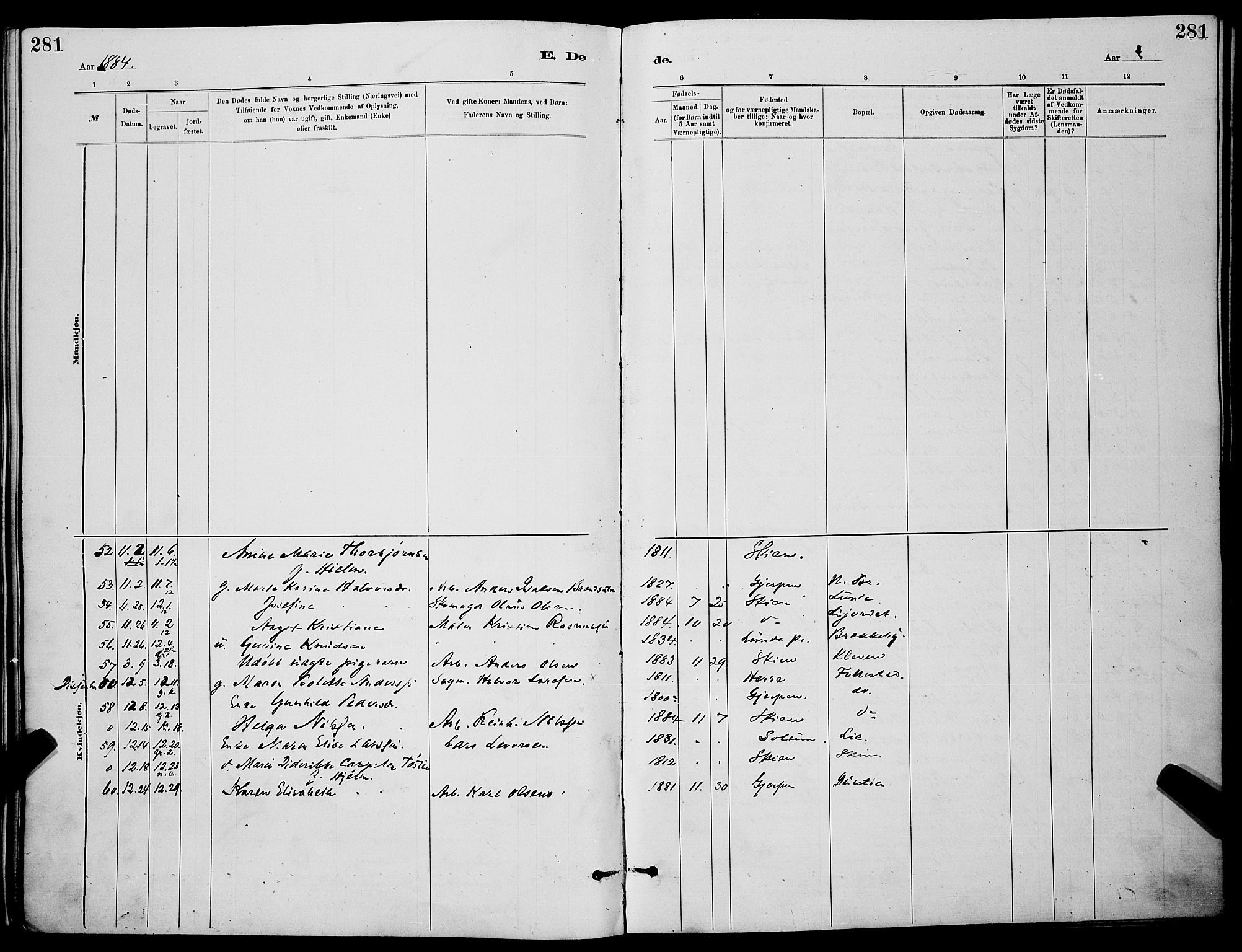 Skien kirkebøker, SAKO/A-302/G/Ga/L0006: Parish register (copy) no. 6, 1881-1890, p. 281