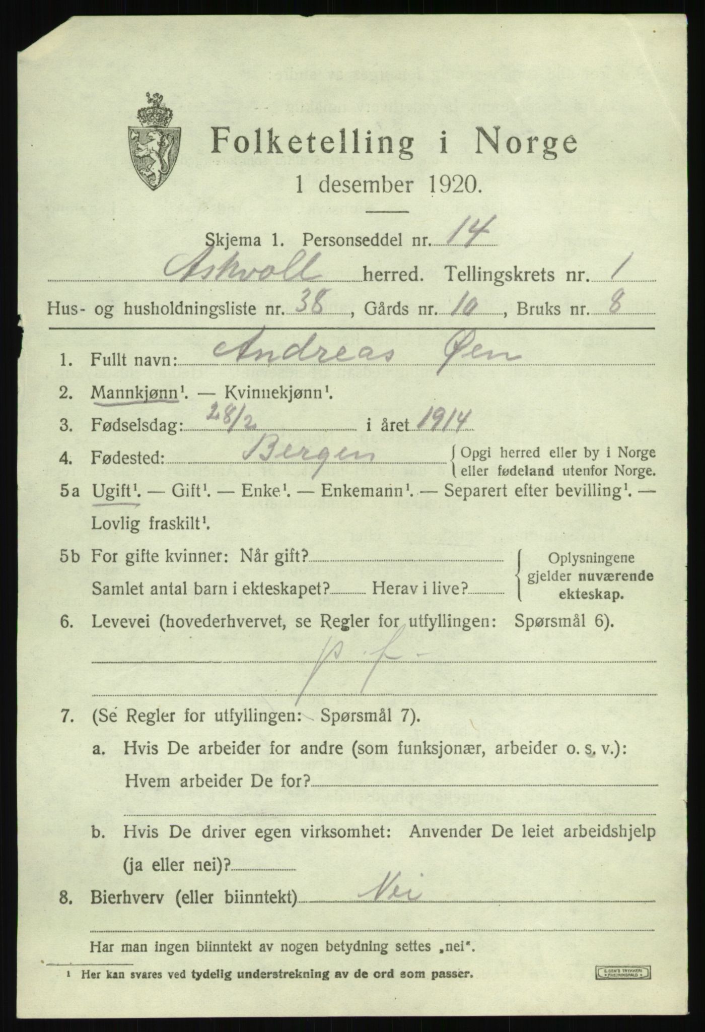 SAB, 1920 census for Askvoll, 1920, p. 1556