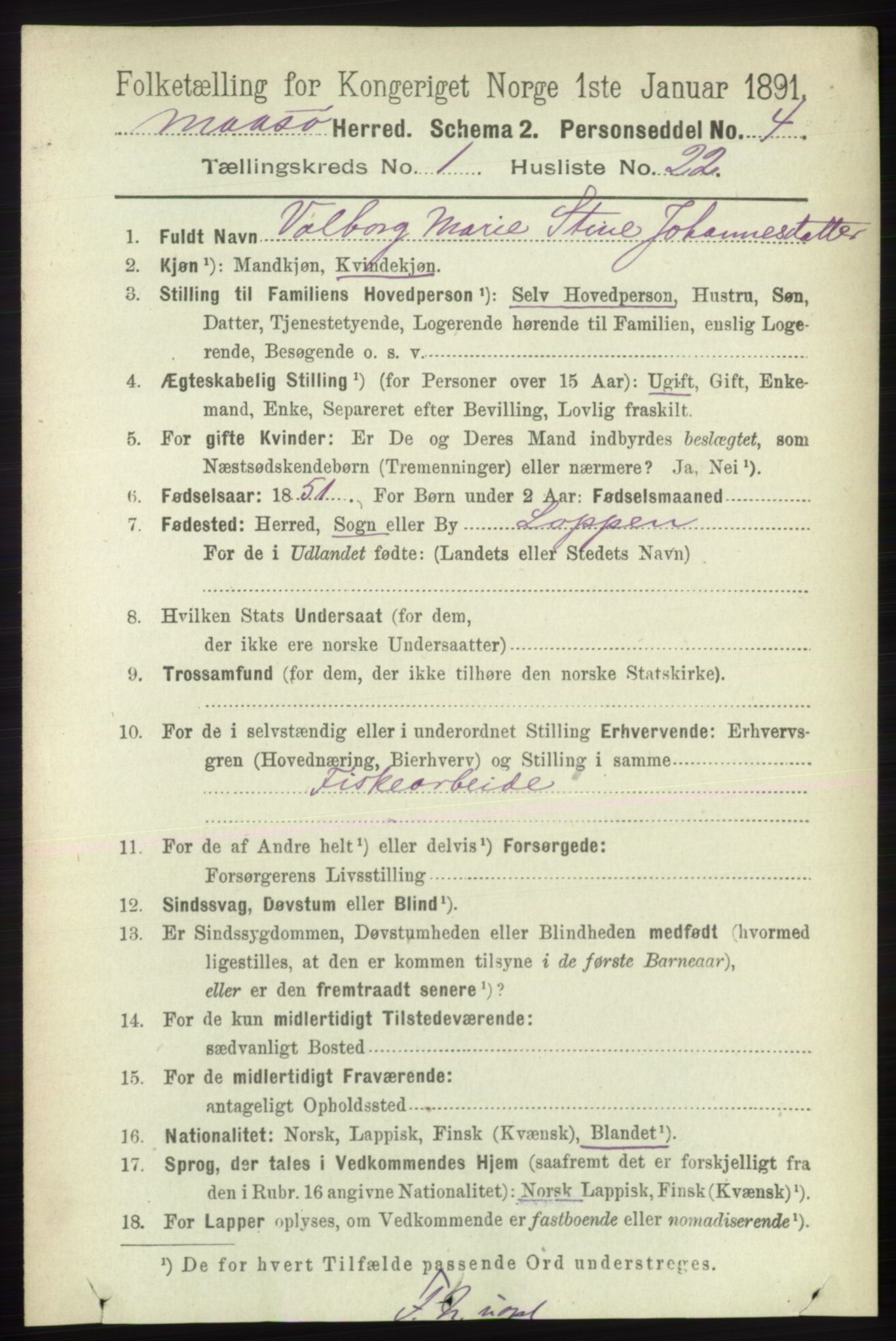 RA, 1891 census for 2018 Måsøy, 1891, p. 176