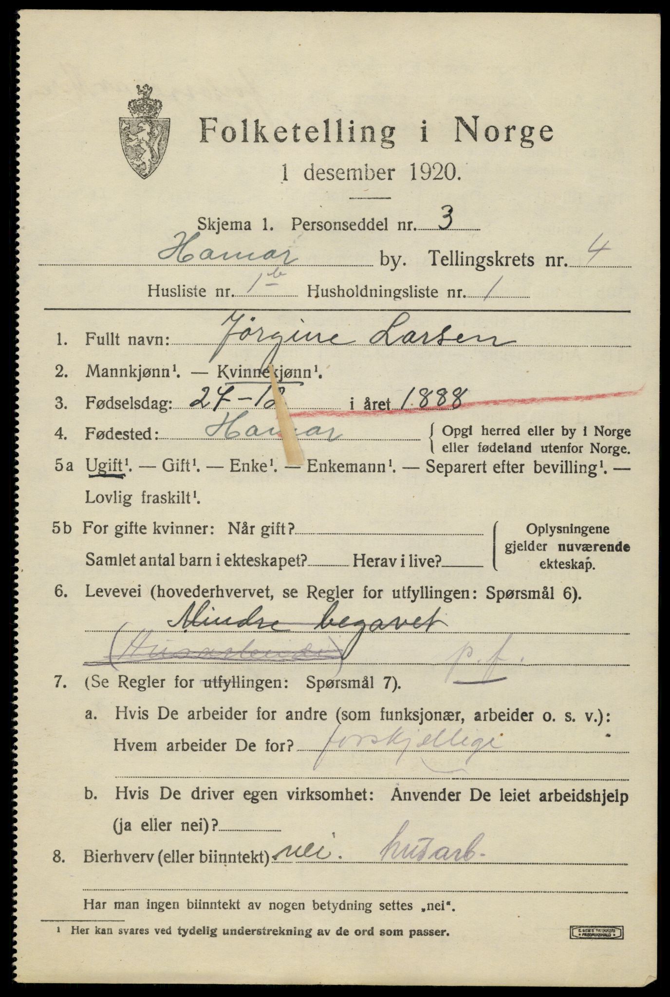 SAH, 1920 census for Hamar, 1920, p. 7805